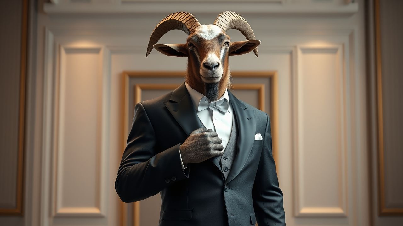 a humanoid goat wearing formal and standing in confident way. in camera hands in his chest it has height of 6 feet i dont want to see error like fingers its 3d project make sure everthing follow gravity