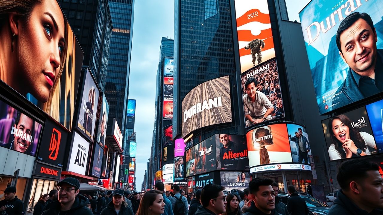 new york time square where all bill boards are screen on these screen put a name " Durrani. make it real life poster make sure there are no mistakes in faces and other deatiles must be clear