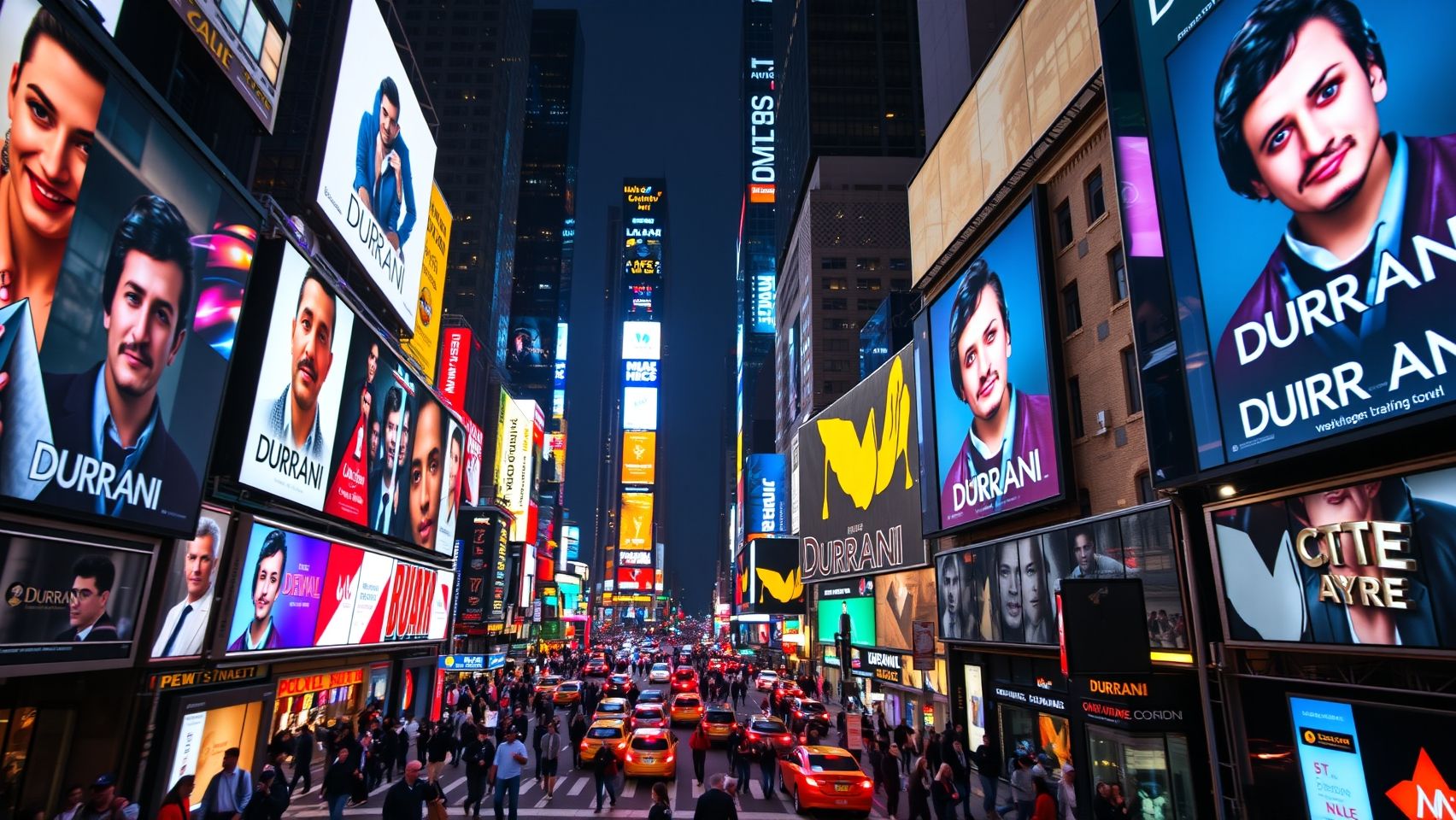 new york time square where all bill boards are screen on these screen put a name " Durrani. make it real life poster make sure there are no mistakes in faces and other deatiles must be clear