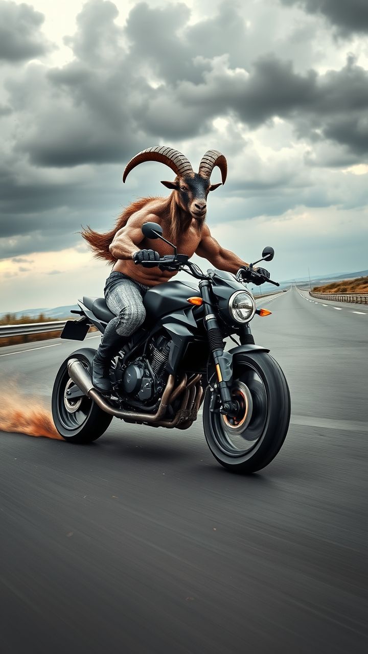 A humanoid goat with muscular human-like arms and torso but a goat’s head, horns, and fur-covered legs, riding a sleek black motorbike at full speed on a wide highway. The bike leans naturally with gravity, tires gripping the asphalt, dust and small debris trailing behind to show realistic physics. The humanoid goat’s posture is balanced, one hand gripping the handlebar tightly, the other slightly raised as if shifting gears. Its fur flows backward with the wind, emphasizing motion. The highway stretches into the horizon with faded road markings, guardrails, and a cinematic cloudy sky above. Shadows and reflections on the road follow natural light, making the scene grounded in real gravity and physics. Wide-angle perspective, dynamic motion blur, ultra-realistic detail.