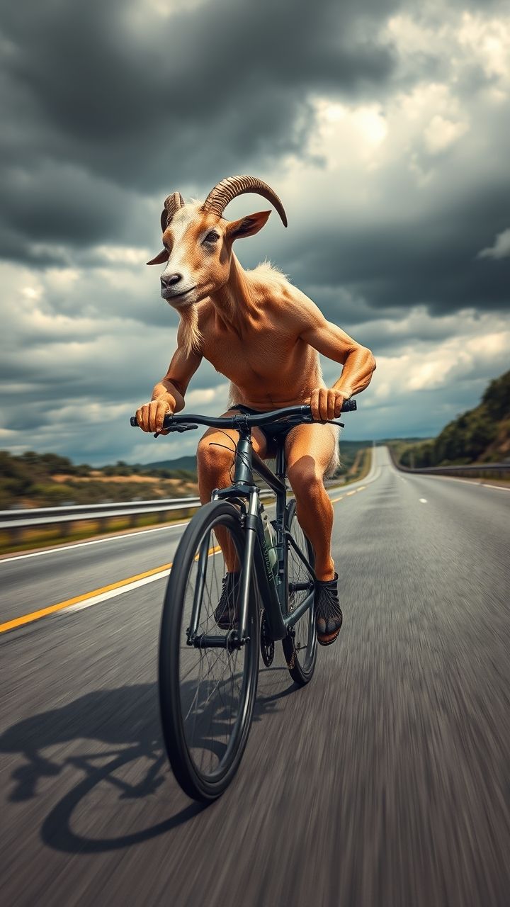 A humanoid goat with strong human-like arms and torso but a goat’s head, horns, and furred legs, riding a mountain bicycle at full speed on a highway. The bicycle leans naturally with gravity, wheels slightly blurred to show motion, and the goat’s body posture is forward-leaning as if pedaling hard. Muscles are tensed, veins visible on its arms, gripping the handlebars firmly. The goat’s hooves rest naturally on the pedals, creating a realistic physics-based balance. Roadside guardrails and highway markings stretch into the distance under a dramatic cloudy sky. Wind blows its fur and horns backward, emphasizing speed. Shadows, reflections, and tire contact with asphalt all follow realistic gravity and physics. Wide-angle perspective, cinematic detail, ultra-realistic motion blur.