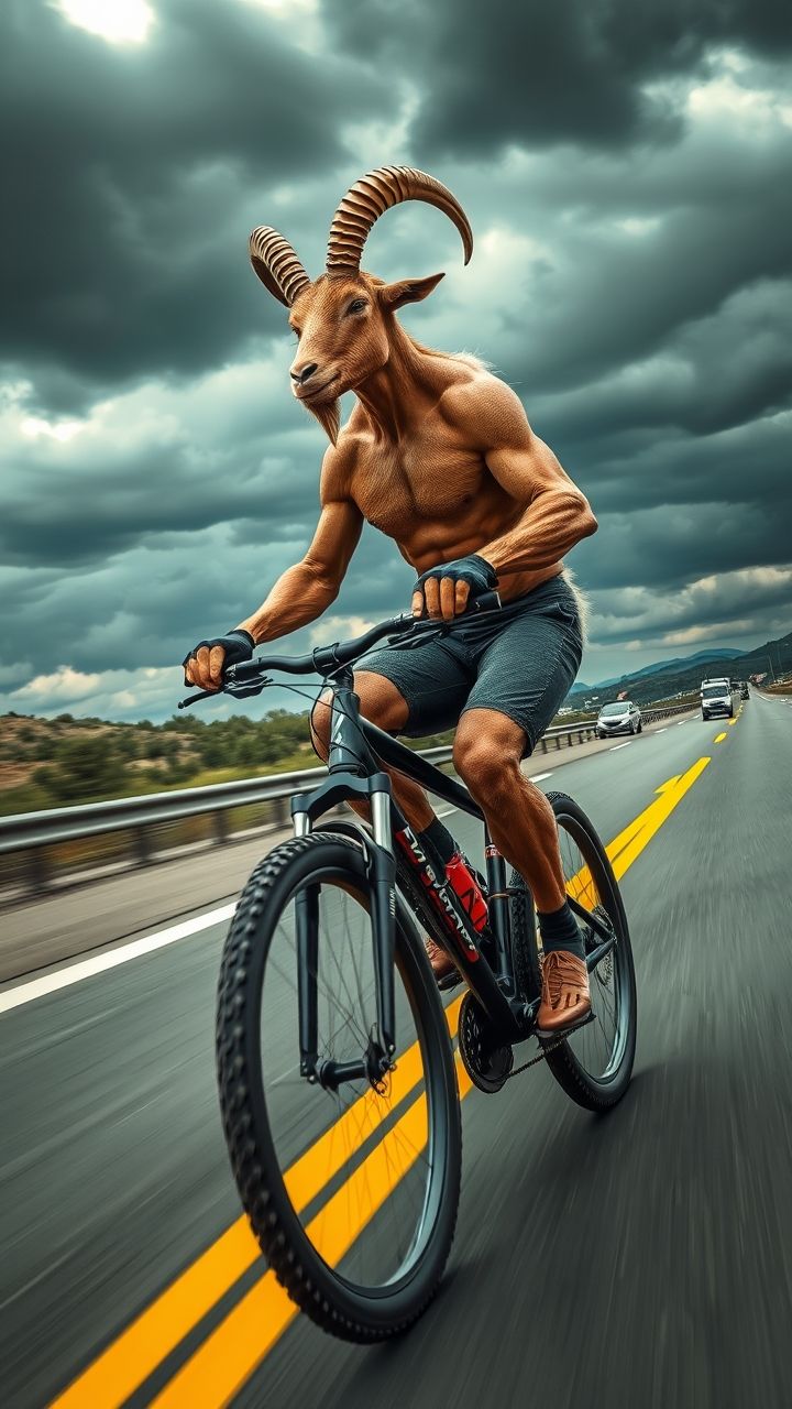 A humanoid goat with strong human-like arms and torso but a goat’s head, horns, and furred legs, riding a mountain bicycle at full speed on a highway. The bicycle leans naturally with gravity, wheels slightly blurred to show motion, and the goat’s body posture is forward-leaning as if pedaling hard. Muscles are tensed, veins visible on its arms, gripping the handlebars firmly. The goat’s hooves rest naturally on the pedals, creating a realistic physics-based balance. Roadside guardrails and highway markings stretch into the distance under a dramatic cloudy sky. Wind blows its fur and horns backward, emphasizing speed. Shadows, reflections, and tire contact with asphalt all follow realistic gravity and physics. Wide-angle perspective, cinematic detail, ultra-realistic motion blur.