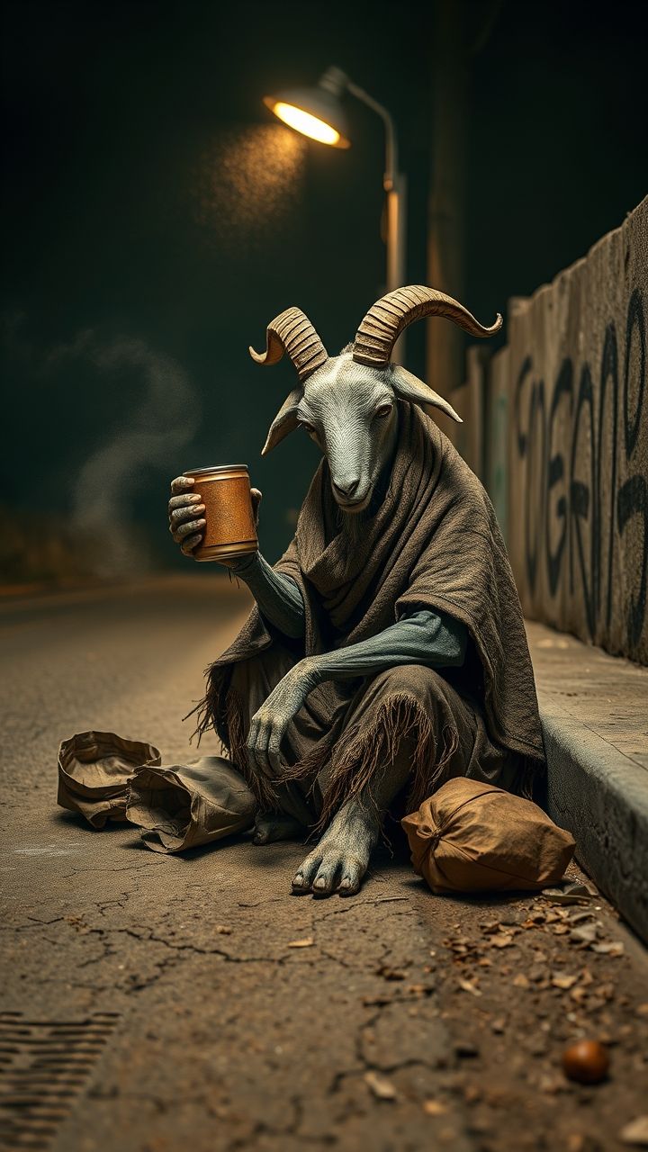A humanoid goat with a human-like body but a goat’s head, horns, and furred legs, sitting on the side of a dusty roadside under a broken streetlight. It wears tattered, dirty clothes with holes, a torn shawl draped over its shoulders, and bare feet. Its expression is tired and sorrowful, eyes lowered, holding out a rusty tin can with one hand as if asking for money. Beside it lies an old cloth bag and scattered trash, symbolizing poverty. The environment is gritty and realistic — cracked pavement, faint graffiti on the wall behind, and shadows cast naturally with gravity. Wind blows dust around, creating a cinematic yet depressing atmosphere. Ultra-detailed, emotional, realistic lighting and physics-focused posture.