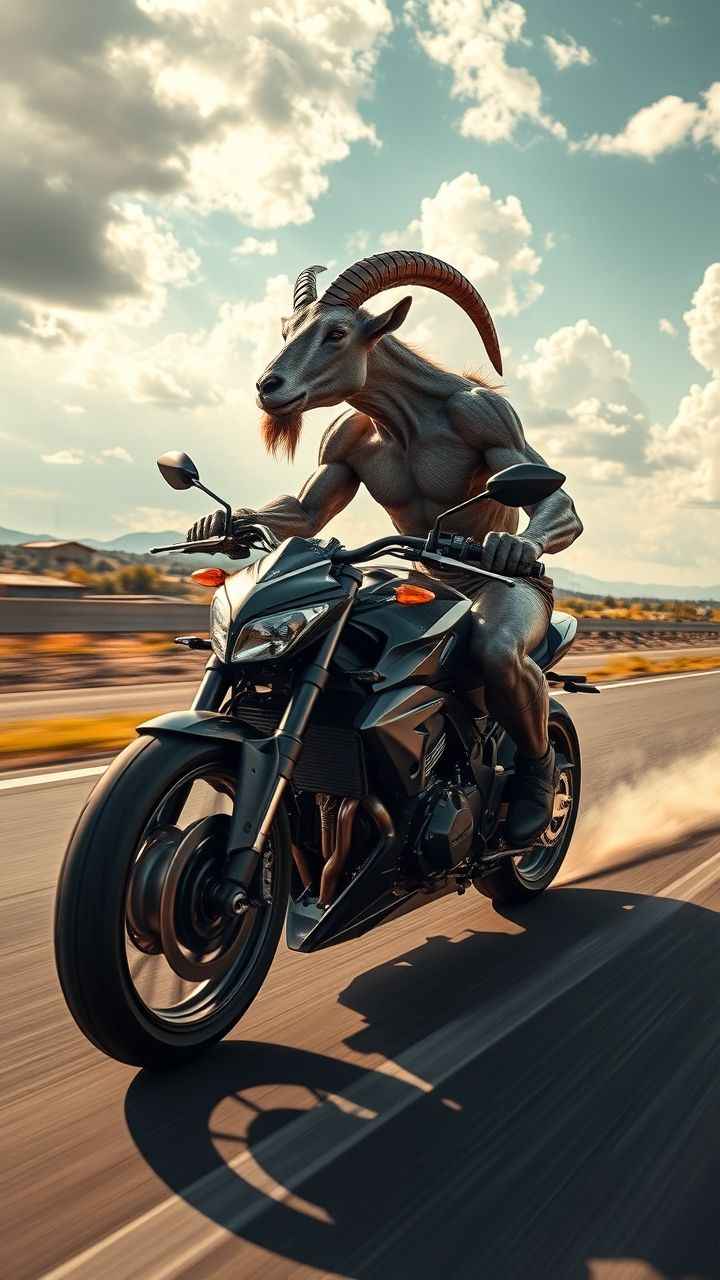 A humanoid goat with muscular human-like arms and torso but a goat’s head, horns, and fur-covered legs, riding a sleek black motorbike at full speed on a wide highway. The bike leans naturally with gravity, tires gripping the asphalt, dust and sparks trailing behind. Wind blows back the goat’s fur and horns, showing raw speed. The highway stretches into the distance with cinematic clouds, shadows, and reflections creating ultra-realistic motion blur.