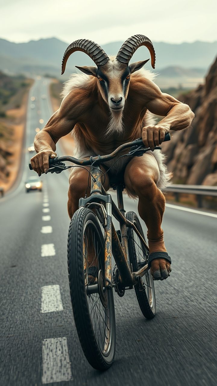 The same humanoid goat, now riding a rusty old mountain bicycle at full speed on the highway. Its body leans forward, gripping the handlebars tightly, hooves pressing down on worn pedals. The bicycle struggles against the gravity of the slope, tires wobbling, showing fatigue. The highway environment continues but with fewer cars, giving a sense of struggle and downgrade. Fur blows back with the wind, but exhaustion shows in its eyes. Ultra-realistic cinematic detail.