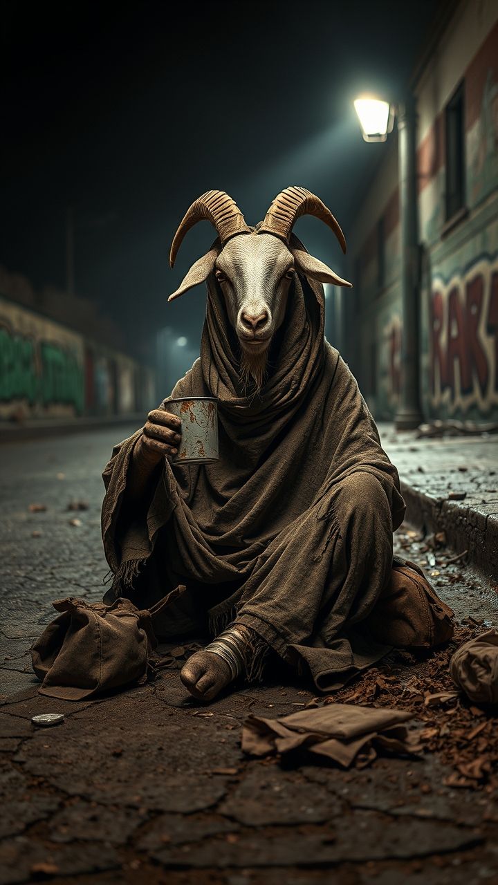 The same humanoid goat, now in rags, sitting on a dusty roadside under a dim streetlight. Its once-strong body is slouched, tired, and broken. Clothes are torn and dirty, with a ragged shawl over its shoulders. The goat holds out a rusty tin can with one hand, eyes sorrowful and hollow. Beside it lies a dirty cloth bag and trash scattered around. The cracked road and wall behind carry graffiti and stains, while shadows fall naturally. Dust swirls faintly in the wind. Cinematic, emotional, ultra-realistic lighting.