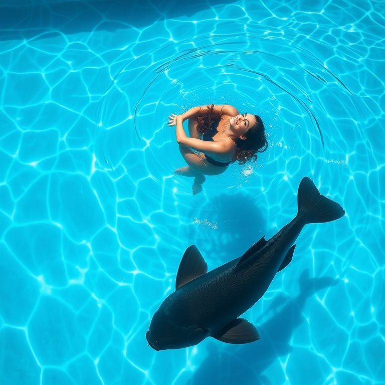 a female taking bath in swiming pool fillied with bule water and there a fish ( big in dark balck color ) can be seen inside the water"