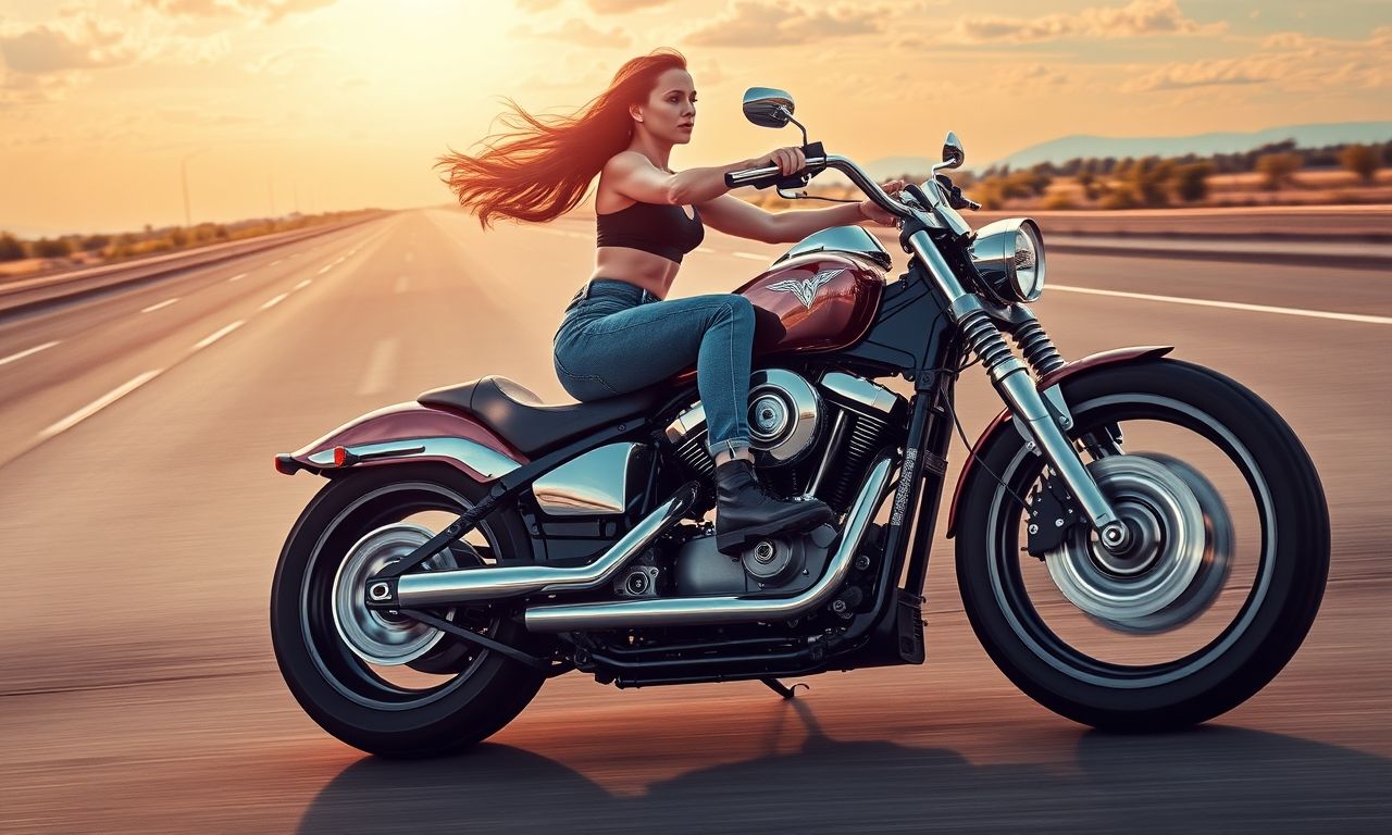 A young woman riding a heavy motorbike on a wide open highway. She is wearing fitted blue denim jeans and a black sports bra. Her long hair flows backward naturally in the wind, showing realistic motion physics. The heavy motorbike is large and powerful, with polished chrome details, thick rubber tires, visible suspension, and metallic reflections on its body. She leans forward slightly in a natural riding posture, both hands gripping the handlebars firmly, feet resting correctly on the foot pegs. Gravity is realistic — her body weight pressing slightly into the bike seat, tires making solid contact with the asphalt. The highway stretches far into the distance with faded lane markings, roadside guardrails, and a cinematic sky filled with light clouds. Subtle motion blur on the wheels and road emphasizes speed. Shadows and reflections are consistent with the sunlight angle, making the entire scene ultra-realistic and physically accurate.