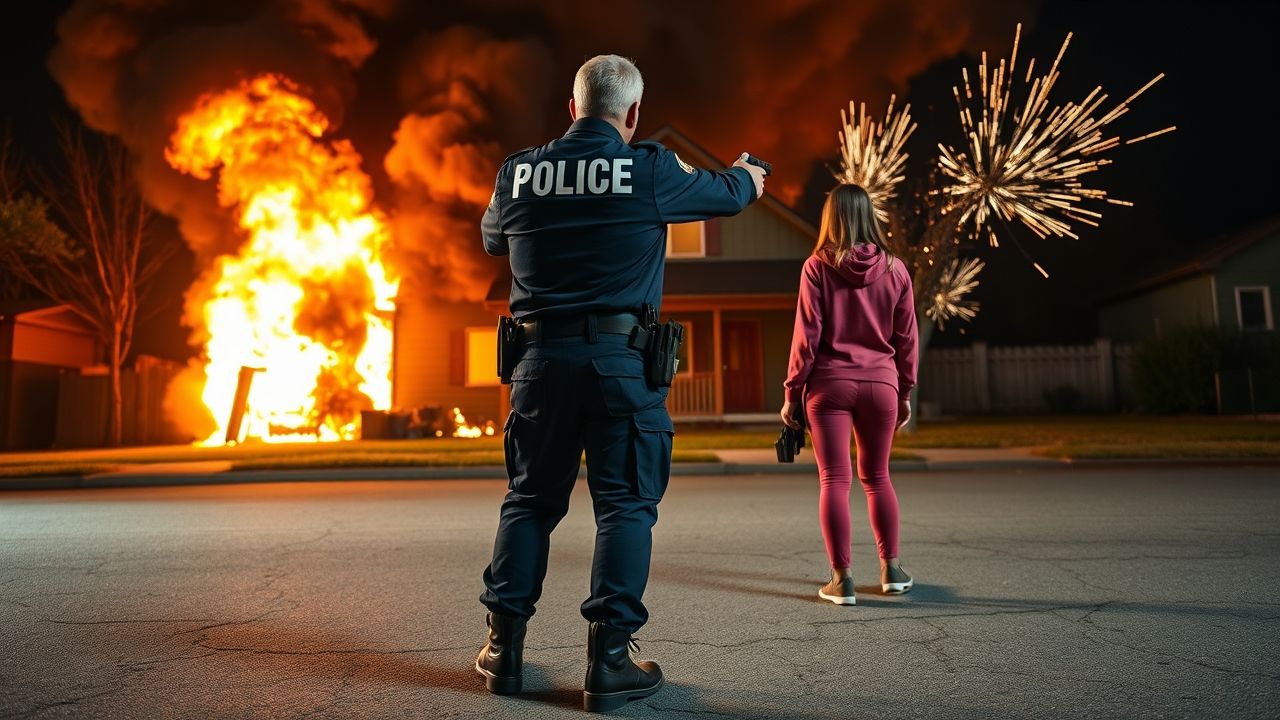 A police officer is standing on a cracked asphalt street, facing a young woman dressed in dark pink clothes. The officer’s back is toward the camera, showing the dark navy-blue uniform in full detail. Across the upper back of the uniform, large bold white text reads “HOA POLICE.” He wears a tactical utility belt, black boots, and his arms are extended forward as he aims and fires a handgun at the girl. The young woman in dark pink clothes (jacket and pants) is positioned a few meters ahead, facing him with visible tension in her posture. Behind her, a house is fully engulfed in roaring flames and thick black smoke, with orange firelight casting a glow across the scene. Sparks, glowing embers, and heat distortions rise into the night sky. The officer’s stance is realistic — legs apart, body balanced, gun recoiling naturally. Gravity and lighting are consistent: the burning house illuminates the scene with dramatic orange and red tones, contrasting against the officer’s dark blue uniform and the bold white “HOA POLICE” text. The atmosphere is cinematic, detailed, and highly realistic.