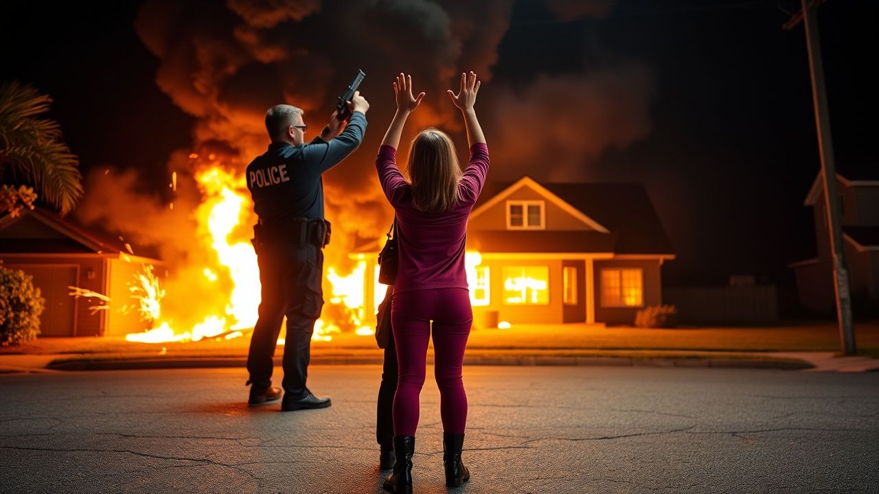 A police officer stands on a cracked asphalt street with his back facing the camera. He is wearing a dark navy-blue uniform with black boots and a tactical utility belt. Across the upper back of his uniform, in bold white letters, it reads “HOA POLICE.” His arms are extended forward, aiming a handgun at a young woman in front of him. The young woman is facing the camera directly, dressed in dark pink clothes — a fitted jacket and pants. Her hands are raised high above her head in a surrendering gesture, her posture tense, eyes wide, and expression fearful. Behind her, a house burns violently, engulfed in flames with thick black smoke billowing into the night sky. The orange glow of the fire lights up the scene, casting strong shadows on the officer’s back and reflecting on the woman’s face. Sparks, heat waves, and glowing embers drift through the air, emphasizing chaos. Gravity and physics are realistic — the officer stands firmly with balanced legs, the handgun positioned naturally, while the woman’s hair and clothes ripple slightly in the heat and wind. The entire composition is cinematic, ultra-realistic, and emotionally intense.