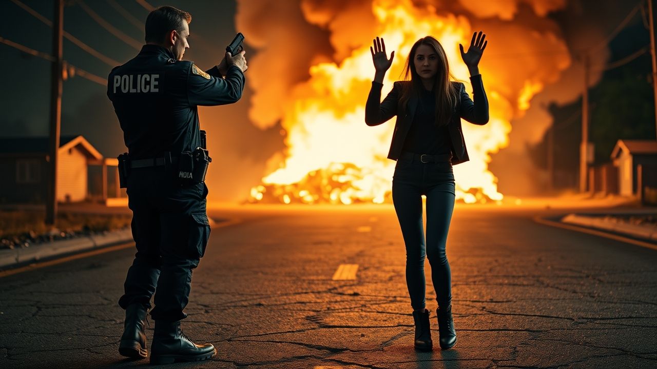 A dramatic cinematic scene at night on a deserted cracked asphalt street. A police officer is standing with his back towards the camera, facing forward. The officer is wearing a dark navy-blue uniform, complete with tactical pants, sturdy black boots, utility belt with equipment (handcuffs, radio, holster), and a fitted jacket. Across the upper back of his jacket, in bold clean white letters, it clearly reads: “HOA POLICE.” His posture is tense and balanced: legs apart for stability, arms extended forward with both hands gripping a black handgun, aiming directly at a young woman standing in front of him. His body shows natural gravity and realistic tension as he braces to shoot. Shadows and reflections on his back are illuminated by a strong orange glow from a massive fire in the background. The young woman is facing the camera directly. She is wearing dark pink clothes — a fitted pink jacket with subtle wrinkles and shading, and matching pants. Her facial expression is fearful, eyes wide open, lips parted slightly. Her both hands are raised high above her head in a surrendering gesture, fingers spread, elbows slightly bent, showing natural anatomy. Her long hair flows slightly backward from the heat and wind caused by the fire behind her. Her stance shows submission — knees close together, feet planted firmly on the ground, body leaning slightly back under the tension of the confrontation. Lighting from the fire highlights her face, pink clothing, and the edges of her raised hands, casting a glowing outline against the darker background. Behind the girl, a two-story suburban house is fully engulfed in flames. Orange fire consumes the windows, roof collapsing inward, thick black smoke billowing into the dark night sky. Sparks, embers, and burning debris float in the air, illuminated by the flames. The firelight creates intense contrast — casting a harsh orange glow across the entire scene, while dark shadows stretch across the cracked asphalt street. Heat waves ripple in the air, distorting the background slightly. The burning house dominates the atmosphere, symbolizing chaos and destruction. The composition is perfectly cinematic: the camera angle is low, slightly behind the officer, capturing his strong silhouette with the bold “HOA POLICE” text on his back clearly visible. The girl stands in the middle distance, directly facing the camera with hands raised, framed by the burning house behind her. The contrast between the cold dark blue police uniform and the warm glowing orange fire creates a dramatic color palette, while the dark pink clothes of the girl add a striking visual contrast in the center. Ultra-realistic rendering of fire, smoke, clothing textures, human anatomy, and natural physics. The scene should be intense, emotional, and powerful — a perfect movie-poster style image. ❌ Negative Prompt (to avoid AI mistakes) No deformed hands No extra arms, legs, or fingers No distorted text (if text fails, leave uniform clean) No floating objects or broken gravity No incorrect clothing colors No extra faces or random people in background No surreal or cartoonish effects (keep it realistic cinematic)