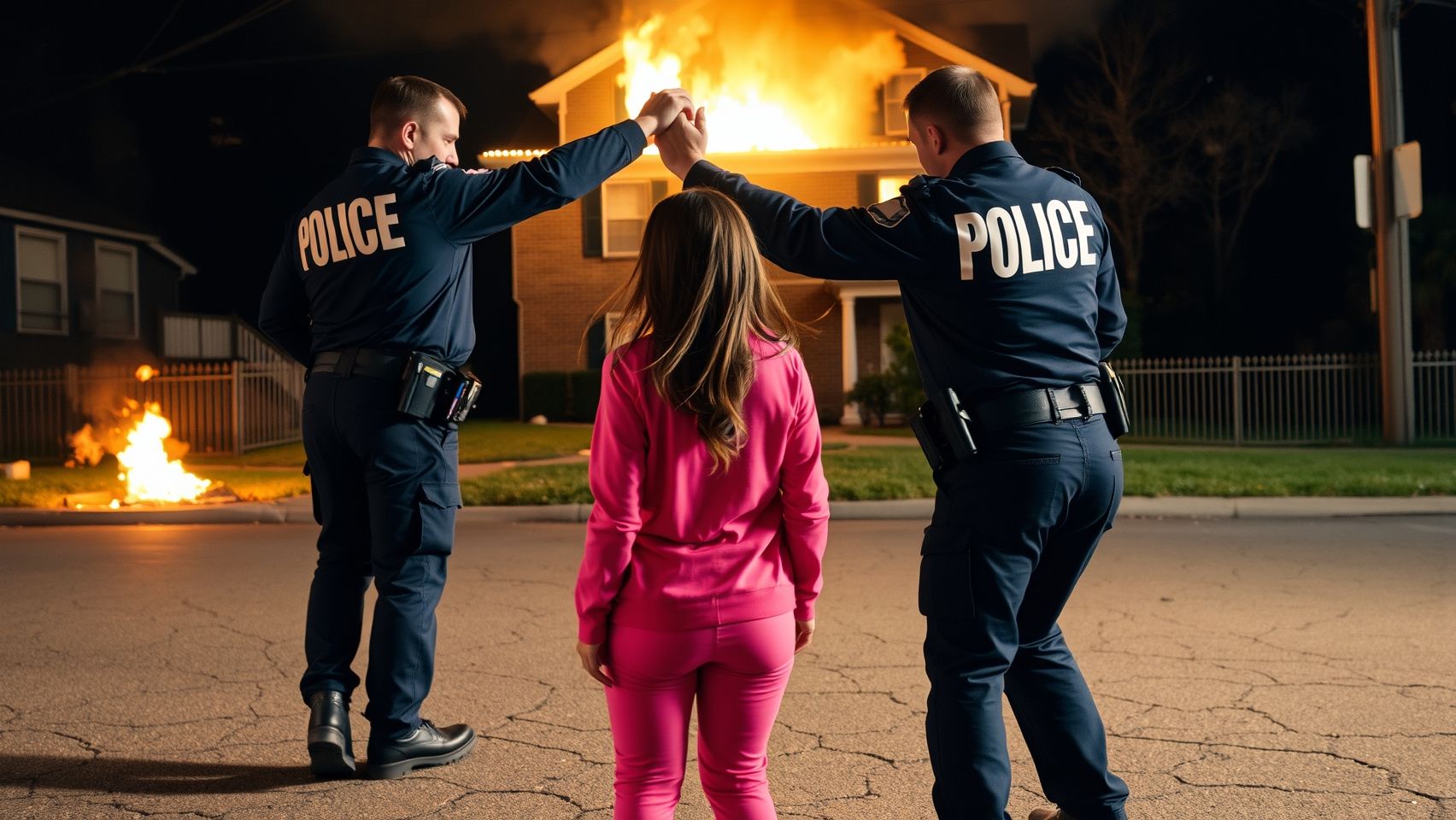 A tense night-time confrontation on a cracked asphalt street in front of a burning two-story house. A police officer stands with his back facing the camera, wearing a dark navy-blue uniform, tactical pants, black boots, and a heavy belt with equipment (holster, handcuffs, radio). Across the upper back of his jacket, in large bold white letters, it clearly reads: “HOA POLICE.” His right arm is raised and extended forward in the middle of a slap motion, palm open, striking the left cheek of a young woman standing directly in front of him. His left arm remains slightly bent by his side for balance, and his body posture is grounded with legs apart, showing natural gravity and tension. The impact of the slap is captured mid-motion: the officer’s arm is fully extended, body slightly twisted, conveying power and speed. The young woman is facing the camera. She is wearing dark pink clothes — a fitted jacket and matching pants. Her body is turned slightly from the force of the slap. Her head is snapped to the side with strands of her hair flying outward from the impact. Her arms are halfway raised, bent at the elbows, showing a defensive and shocked posture. Her eyes are closed tight, expression filled with pain and fear. The realistic anatomy of her body reacts to the strike — shoulder tilting, torso leaning slightly back under the blow. Wrinkles and folds in her clothes shift naturally with the motion. Behind her, the house burns violently, flames roaring through broken windows and collapsing roof beams. Thick black smoke rises into the night sky, glowing orange from the fire. Sparks, glowing embers, and ashes swirl through the air, illuminated by the firelight. The burning home casts a strong orange glow on both characters, highlighting the officer’s uniform edges and the girl’s pink clothing. Shadows stretch naturally across the cracked pavement, while heat waves distort parts of the background. The composition is cinematic and dramatic: the camera angle is slightly low and positioned directly behind the officer’s right shoulder, framing his silhouette and the bold “HOA POLICE” text clearly on his back. The officer’s extended arm leads the viewer’s eye directly to the girl’s face mid-slap, then further back to the raging fire. The contrasting colors — dark navy blue uniform, bold white lettering, vivid dark pink clothes, and fiery orange background — create a striking and emotional scene. Ultra-realistic detail, perfect anatomy, gravity-accurate motion, and dynamic cinematic lighting. ❌ Negative Prompt (to avoid errors) No extra arms, fingers, or faces No distorted text (“HOA POLICE” must be clean or left blank if not possible) No floating bodies, must respect gravity No surreal warping of faces or hands No cartoon effects — keep realistic cinematic