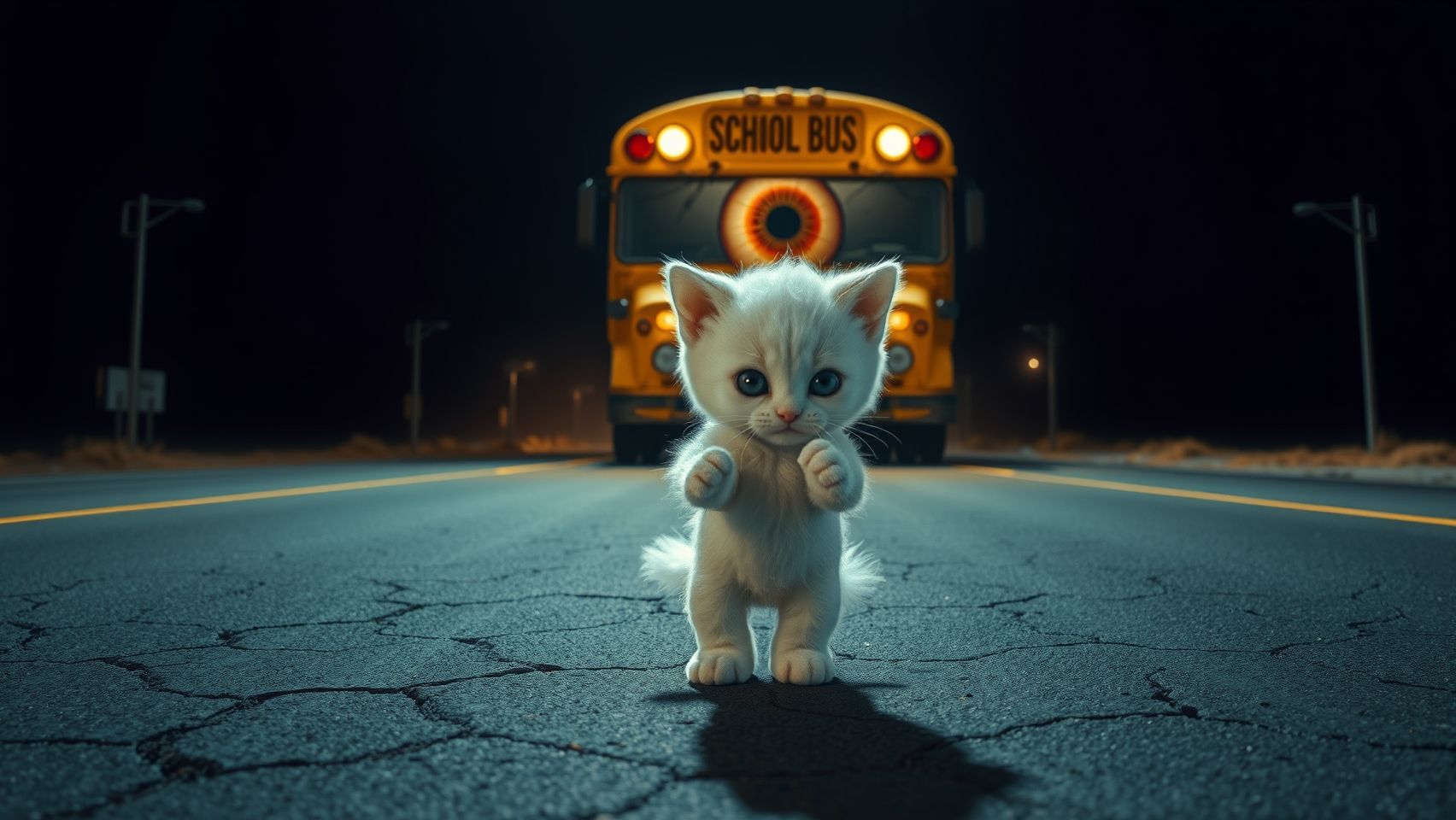 An ultra-wide cinematic shot of a deserted highway at night. In the middle of the cracked asphalt stands a humanoid white kitten — a small, human-like figure with the head of a fluffy white kitten. Its fur is soft and slightly ruffled, whiskers trembling, ears flattened back in fear. The kitten’s body is humanoid but short and fragile, dressed in simple torn clothes. Its posture is terrified: legs bent, arms raised defensively, claws half-extended, back slightly arched, tail puffed out behind. Its glowing wide eyes are locked on the monster behind, showing pure fear and helplessness. The figure is tiny compared to the massive object looming in the background. Behind the kitten fills the frame a gigantic American yellow school bus, transformed into a nightmarish monster. The bus body is weathered, cracked, and scarred, headlights glowing like predatory eyes. On its front windshield, instead of glass, there is one single enormous bloodshot eyeball, wet and glossy, staring unblinking at the humanoid kitten. Veins spread across the eyeball, glowing faintly in the firelight. The metal frame of the bus warps unnaturally, almost like jaws or ribs, making it look alive. Its enormous scale makes the kitten look impossibly small and vulnerable. The atmosphere is horrifying: the sky is dark, filled with rolling smoke and faint orange glow from distant fires. Sparks and embers drift in the air. Shadows stretch across the cracked road, making the kitten’s silhouette stand out against the glowing reflections of the monster bus. The perspective is low and ultra-wide, exaggerating the size difference — the kitten small in the foreground, the monstrous bus towering in the background. Gravity and physics are accurate: the kitten presses into the ground, claws scratching asphalt, while the massive bus’s tires crush the road beneath. The contrast of innocence vs horror is extreme — fluffy humanoid white kitten vs gigantic monstrous American school bus with a giant eyeball. Ultra-realistic, cinematic horror style, wide-angle, dramatic composition. ❌ Negative Prompt No extra eyes, arms, or distorted anatomy on kitten No cartoonish look — keep realistic cinematic style No floating characters — everything grounded to asphalt No text or symbols on bus except standard yellow school bus details No surreal unrealistic lighting — only firelight, streetlights, shadows