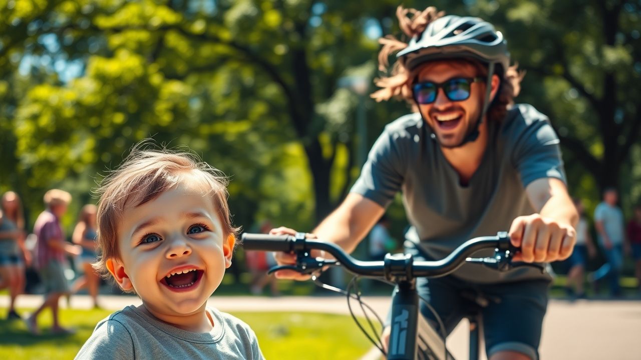 In a lively, sunlit park on a bright afternoon, a young child with big, sparkling eyes stands in front of a sleek, shiny bicycle. The child's mouth is wide open in a burst of awe or delight, cheeks slightly flushed from excitement. Facing the child, the bicycle rider — a cheerful adult with a broad smile — has their jaws open mid-laugh or exuberant shout, eyes twinkling with joy. The rider's helmet is slightly askew, hair tousled by the breeze. Around them, vibrant greenery and blurred figures of other park visitors add depth, capturing a spontaneous moment of playful connection and energetic fun. The scene is lively, energetic, and filled with a sense of adventure and pure happiness.
