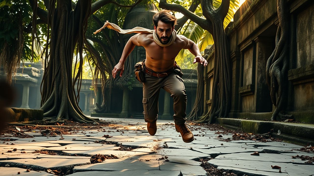 An action-packed cinematic shot of a man sprinting forward in a Temple Run–style escape scene. The figure is mid-run, body leaning forward, one leg stretched back, the other bent under him, arms pumping hard for speed. His muscles are tense, veins visible, sweat glistening under dramatic jungle sunlight. He wears rugged adventurer clothing — fitted brown cargo pants, a half-unbuttoned shirt, a leather belt with a pouch, and worn-out boots kicking up dirt as he runs. A torn scarf whips behind him, emphasizing his speed and panic. The setting is a dense ancient jungle temple environment. Cracked moss-covered stone tiles stretch under his feet, some of them crumbling away into bottomless pits. On both sides rise towering jungle trees, vines dangling low, roots breaking through the temple floor. In the far background, the silhouette of ruined temple walls can be seen, with broken statues and glowing carvings faintly lit with mystical energy. Behind the man, chasing at full speed, is a giant shadowy beast — only partially visible, with glowing eyes, clawed hands reaching forward, and a monstrous roar echoing. Dust, debris, and broken stone scatter in the air as the beast’s footsteps crush the ground. The perspective is dynamic and low-angle, capturing the runner in sharp focus at the front, while the monster looms in the background, blurred slightly for cinematic depth. Lighting is dramatic: bright golden sunlight shafts cut through the jungle canopy, reflecting off the man’s sweat and dust in the air, while darker shadows make the pursuing monster more terrifying. Motion blur adds to the sense of speed and desperation, as if the viewer is running right alongside him. Ultra-realistic cinematic adventure style, wide-angle action shot, perfect anatomy and proportions, dynamic motion. ❌ Negative Prompt No cartoon or stylized character (must be realistic cinematic human) No floating or broken body parts No futuristic city or sci-fi setting — must be ancient temple jungle No cluttered crowd — only one runner, one monster
