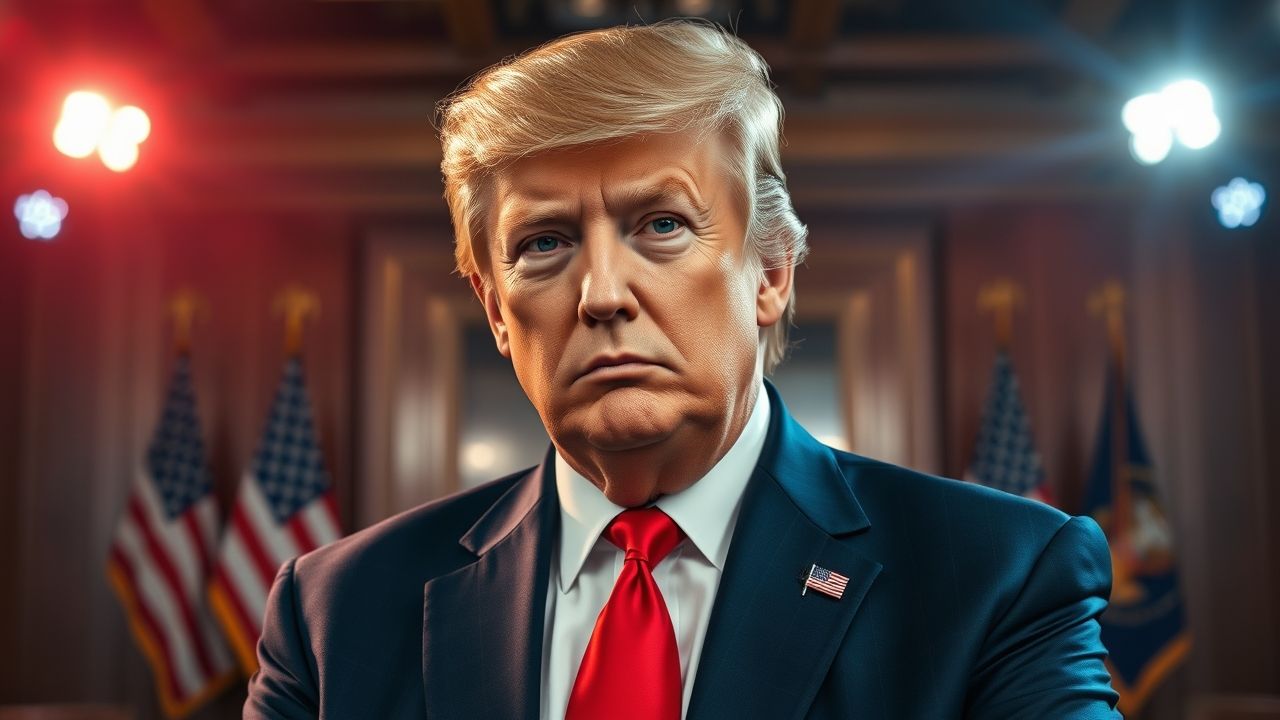 A realistic portrait of a middle-aged man with features strongly resembling Donald Trump. He has a distinctive golden-blond swept-over hairstyle, combed across the top of his head with volume and shine. His face is slightly round with pale skin tone, light wrinkles around the eyes and mouth, a prominent nose, and sharp cheek lines. He has a confident but slightly exaggerated expression, with pursed lips and narrowed eyes that carry a stern, commanding look. He wears a dark navy business suit with wide shoulders, a crisp white dress shirt, and a bright red tie hanging perfectly straight. On his chest, a small American flag pin is visible. The background is cinematic — either a dramatic blurred stage with red, white, and blue lights like a political rally, or a powerful office setting with polished wood and flags behind him. The lighting is sharp and professional, highlighting his hair texture and facial details. The portrait should look ultra-realistic, photoreal cinematic style, with perfect skin texture, sharp eye detail, and natural proportions. ❌ Negative Prompt No cartoon caricature No distorted face or exaggerated body No futuristic or sci-fi setting No extra people in frame