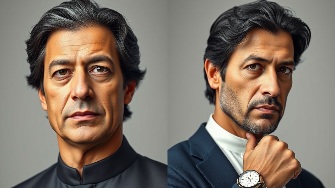 A realistic portrait of a middle-aged South Asian man strongly resembling Imran Khan. He has wavy dark-brown hair with streaks of gray, brushed back naturally, giving him a rugged yet dignified look. His face is slightly long, with sharp cheekbones, defined jawline, deep-set expressive eyes, and light wrinkles showing wisdom and age. His skin tone is a natural warm wheatish complexion with visible texture. His expression is thoughtful but determined, with lips pressed lightly and brows slightly furrowed, radiating leadership and resilience. He is wearing a traditional Pakistani sherwani — simple, elegant, and dark-colored, with a high collar and smooth texture. The outfit looks regal yet modest. In another variation, he can also wear a navy-blue blazer with a white shalwar kameez underneath, symbolizing both tradition and modern leadership. On his hand rests a simple silver watch, emphasizing sophistication without flashiness. The background is cinematic and symbolic — a blurred crowd with Pakistani flags waving in green and white, or alternatively, a dramatic sky at sunset with golden-orange light symbolizing hope and struggle. Lighting is realistic and professional, highlighting the depth of his face, the textures of his clothes, and the intensity of his gaze. The portrait style is ultra-realistic, detailed, cinematic photography, with perfect anatomy, skin details, and natural proportions. ❌ Negative Prompt No cartoon or caricature style No distorted anatomy or fake smiles No unrelated futuristic or sci-fi settings No extra people in frame unless flags/crowd are blurred background