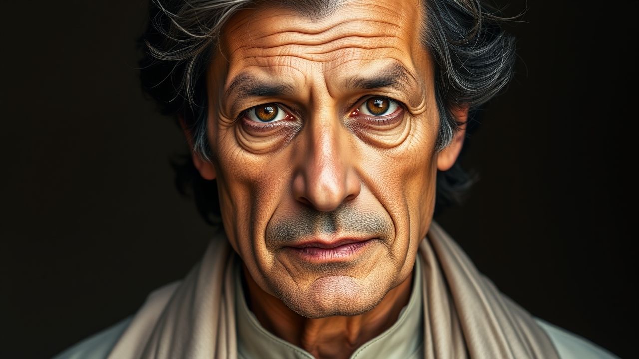 A realistic ultra-detailed portrait of a South Asian man in his early 70s, strongly resembling Imran Khan, former Prime Minister of Pakistan. He has medium-length wavy dark-brown hair with streaks of gray, combed back naturally, with slight uneven strands giving a rugged, unpolished yet charismatic appearance. His forehead is broad with visible horizontal wrinkle lines, his eyebrows are thick, slightly arched, and dark, giving intensity to his gaze. His eyes are deep-set, almond-shaped, light brown hazel with a piercing, determined expression — eyes that look both weary and strong at the same time. His nose is long and straight, slightly broad at the bridge. His cheeks are lean with defined cheekbones, his jawline angular and sharp, and his mouth slightly downturned when neutral, forming a serious, statesmanlike expression. His skin tone is warm wheatish-olive with natural age lines, subtle under-eye bags, and light texture from years of leadership and struggle. Clothing: He wears a classic Pakistani sherwani — jet black or navy blue, high collar, buttoned neatly, with smooth fine fabric that reflects cinematic lighting. In another variation, he can be in a white shalwar kameez with a navy blazer, symbolizing his modern yet traditional identity. His hands are slightly weathered, with visible veins and a simple wristwatch with black strap. Setting: The background is symbolic and cinematic — a huge rally scene blurred behind him with thousands of green-and-white Pakistani flags waving, or alternatively, a serious office-like backdrop with wooden texture and the Pakistani flag beside him. The lighting is dramatic and professional: soft golden sunlight highlights his hair and face contours, while shadows emphasize his wrinkles and strong bone structure, creating a powerful and heroic mood. Ultra-realistic, cinematic, perfectly proportioned, with natural anatomy and photographic sharpness. ❌ Negative Prompt No caricature or cartoon style No distorted features or fake smiles No sci-fi or unrelated elements No Western suit and tie (must be Pakistani traditional style)