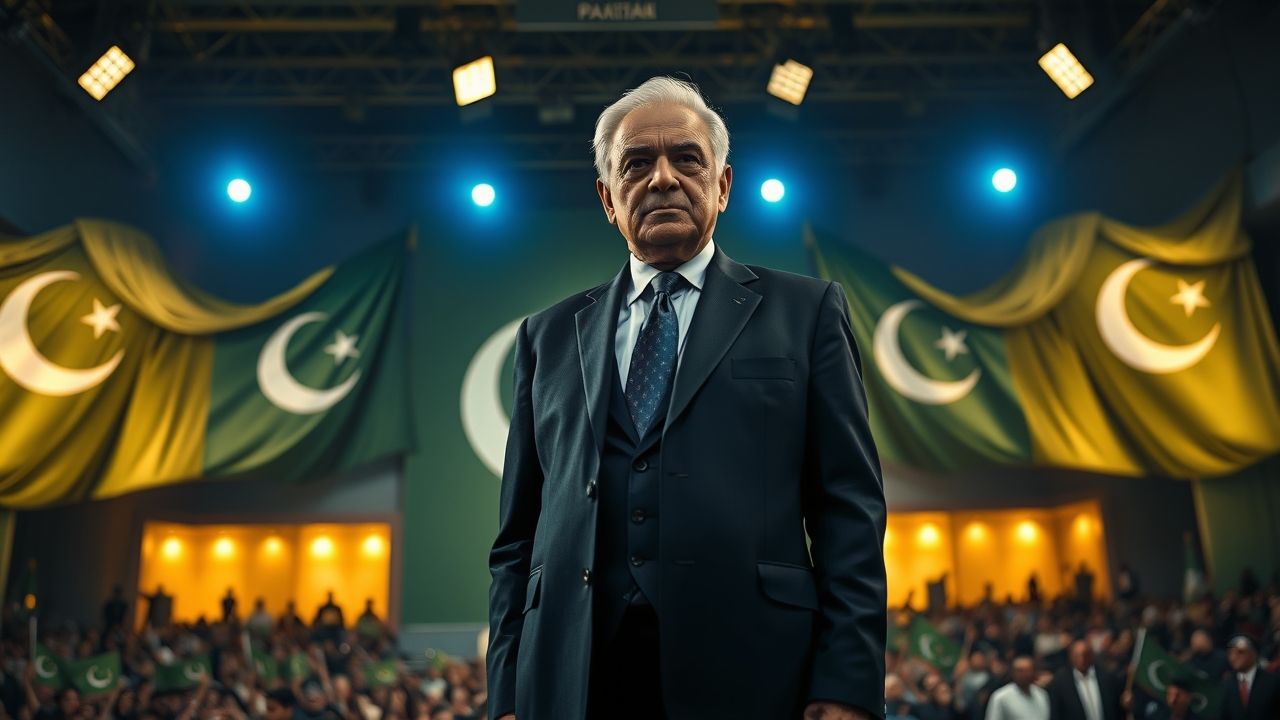 A realistic, cinematic wide shot of a South Asian man in his late 70s strongly resembling Shahbaz Sharif, Prime Minister of Pakistan. He is standing confidently on a raised stage, posture upright, shoulders squared, body language showing authority. His short neatly combed silver-white hair shines under the stage lights. His face has visible wrinkles, sagging skin around the eyes, and light wheatish tone, giving him a seasoned political aura. Clothing: He wears a dark navy tailored suit, light blue dress shirt, and a solid silk tie (yellow or deep blue). His shoes are polished black leather. His stance is firm, with one hand resting on the podium and the other gesturing outward as if addressing the nation. Background: Behind him are multiple large Pakistani flags waving dramatically, lit from below to create a powerful, patriotic glow. The backdrop is a grand stage with microphones, spotlights, and blurred outlines of security personnel. A crowd of people with faint banners and flags is visible at the bottom edges of the frame, blurred slightly to keep focus on Shahbaz. Lighting: Dramatic spotlights from above and slightly behind create a rim-light glow on his shoulders and hair, while his front is illuminated warmly, emphasizing the fine details of his wrinkles and suit texture. The scene feels cinematic, official, and commanding — like a press conference or political rally speech. Shot Type: Full body ultra-wide cinematic shot, perfectly proportional, natural anatomy, sharp detailing, photorealistic skin textures, smooth suit folds, Pakistani flags clearly visible. ❌ Negative Prompt No cartoon or caricature No sci-fi or fantasy elements No casual clothing No distorted anatomy or close-up only shots