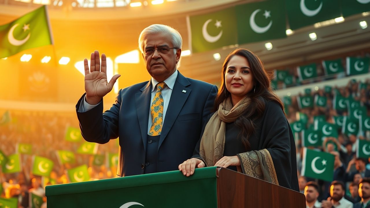 A realistic ultra-wide cinematic shot of two South Asian political figures standing side by side on a grand stage inside a massive open-air stadium filled with cheering crowds. The scene is highly detailed, patriotic, and dramatic. 👤 Shahbaz Sharif Age: late 70s, light wheatish skin, silver-white neatly combed short hair Wrinkles around forehead & eyes, stern but composed expression Outfit: dark navy suit, light blue shirt, silk tie (yellow/blue), polished black shoes Posture: Standing upright, slightly ahead of Maryam, one hand raised as if waving, other on podium 👤 Maryam Nawaz Age: late 40s, fair wheatish skin, oval face, sharp features Hair: dark brown, straight, partly visible from under dupatta Outfit: elegant Pakistani shalwar kameez with long dupatta in green & white (Pakistan flag theme) Jewelry: subtle — small earrings, no heavy bridal style Posture: Standing proudly next to Shahbaz, one hand raised in a confident political gesture, expression determined 🌍 Background & Setting A gigantic stadium filled with thousands of blurred cheering supporters holding green flags (PML-N logo faint but not over-detailed, just green with crescent/star) Stage is decorated with multiple large Pakistani flags waving dramatically under spotlights Powerful floodlights from stadium roof create a glowing rim light around both figures Podium with microphones in front of Shahbaz Camera angle: ultra-wide cinematic shot from slightly below, making both leaders look tall, powerful, and commanding 🎨 Lighting & Style Golden-hour stadium lights with a mix of white and green glow Skin textures photorealistic, clothing folds sharp, stadium atmosphere realistic The crowd blurred slightly (bokeh effect) so focus stays on Shahbaz and Maryam Style: Photorealistic, cinematic, ultra-detailed, patriotic, wide-angle lens look ❌ Negative Prompt No cartoon or caricature No distorted anatomy or unrealistic body proportions No sci-fi or fantasy elements No empty background (must show stadium + flags + crowd)