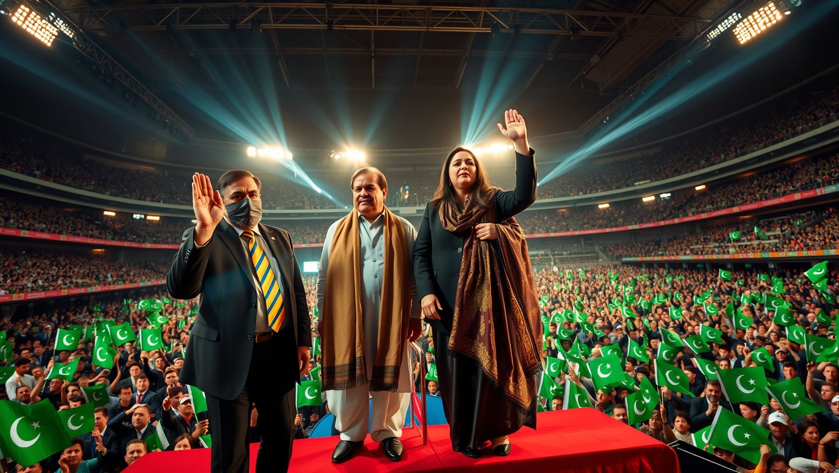 A realistic ultra-wide cinematic shot of Maryam Nawaz and Shahbaz Sharif standing together on a raised stage inside a giant stadium full of cheering supporters waving Pakistani flags. The scene is cinematic, patriotic, and extremely detailed. 👤 Shahbaz Sharif (Face Details) Age: late 70s, South Asian male Short neatly combed silver-white hair with receding hairline Oval face, high forehead, drooping eyelids, visible wrinkles on forehead and around eyes Light wheatish skin tone with age marks Sharp straight nose, thin lips, clean-shaven face Expression: stern but composed, like a politician giving a speech Outfit: Dark navy tailored suit, light blue shirt, silk tie (yellow/blue), polished black shoes Pose: Standing upright, right hand raised as if waving, left hand resting near podium with microphones 👤 Maryam Nawaz (Face Details) Age: mid-40s, South Asian female Fair wheatish skin, smooth with makeup Oval face, sharp jawline, thin arched eyebrows Large expressive almond-shaped eyes with eyeliner Straight nose, full lips with lipstick, slightly pointed chin Hair: Dark brown, straight, visible partially from under dupatta Expression: determined and confident, slight smile as if addressing the crowd Outfit: Elegant Pakistani shalwar kameez, green & white dupatta draped gracefully (Pakistan flag colors), light jewelry (small earrings) Pose: Standing proudly beside Shahbaz, one hand raised in political gesture 🌍 Background (Stadium Setting) Gigantic stadium with thousands of blurred cheering supporters waving green flags with crescent & star Pakistani flags on stage behind them, waving dramatically Floodlights & spotlights from stadium roof illuminating both figures with rim light Podium with microphones at center front 🎨 Camera & Style Ultra-wide cinematic angle, showing both leaders full-body clearly High-resolution, photorealistic facial likeness (close resemblance to Shahbaz & Maryam, not random faces) Golden-hour lighting mixed with stadium floodlights for cinematic glow Crowd blurred slightly to keep focus on Shahbaz & Maryam Style: Photorealistic, ultra-detailed, cinematic realism, patriotic rally look ❌ Negative Prompt No cartoon, anime, caricature, or fantasy No distorted faces or body shapes No empty stadium — must show flags + crowd No duplicate or incorrect gender swapping
