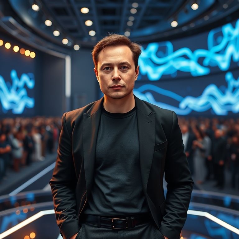 A realistic, photorealistic cinematic portrait of Elon Musk standing confidently on a modern tech stage with futuristic lighting and a large audience in the background. 👤 Elon Musk (Face & Body Details) Age: early 50s, Caucasian male Oval face with slightly broad jawline Short neatly combed brown hair with slight widow’s peak Light skin tone, faint wrinkles on forehead, slight eye bags Straight medium nose, thin lips, sharp cheekbones Expression: focused, determined, slight smirk, confident like during a product launch Body: Average build, not muscular but fit, upright confident posture 👔 Outfit Black slim-fit suit jacket Black crew-neck T-shirt underneath (his signature look) Dark trousers and black shoes No tie 🌍 Background & Setting Large modern tech stage with LED screens behind him displaying futuristic graphics (abstract blue & white lights) Audience blurred in front, like a product launch event (Tesla/SpaceX style) Spotlights from above highlighting Elon, casting cinematic shadows Stage floor sleek, reflective, high-tech look 🎨 Camera & Style Medium full-body cinematic shot, Elon centered on stage Lighting: mix of cool blue + bright white stage lights Photorealistic detail — pores, skin texture, suit fabric folds clearly visible Style: Cinematic realism, ultra-detailed, lifelike portrait, keynote stage look ❌ Negative Prompt No cartoon, anime, or caricature No incorrect facial features (must match Elon Musk’s real face) No fantasy/sci-fi elements outside tech stage context No duplicate characters
