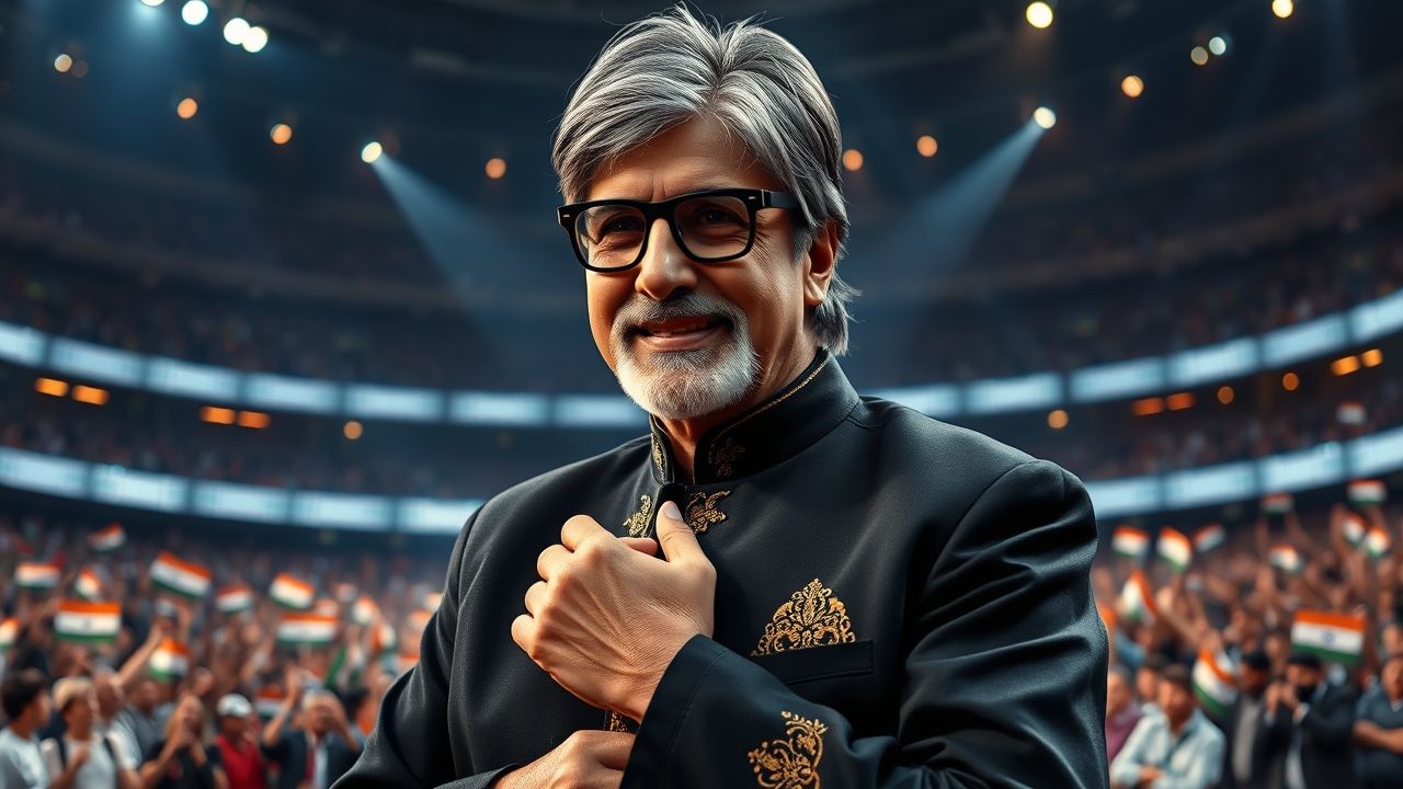 A realistic, cinematic portrait of Amitabh Bachchan, the legendary Bollywood actor, standing with authority on a grand stage under dramatic lighting, audience cheering in the background. 👤 Amitabh Bachchan (Face & Body Details) Age: early 80s, tall Indian male (~6’2”) Long rectangular face with high cheekbones and sharp jawline Iconic salt-and-pepper beard, neatly trimmed Thick medium-length hair, silver-grey with slight wave Fair wheatish skin tone Deep-set expressive brown eyes, framed by rectangular glasses Expression: dignified, wise, charismatic, a calm smile full of authority Body: Tall, slim, upright posture, hands either joined in namaste or holding microphone 👔 Outfit (Signature Amitabh Look) Elegant black sherwani-style suit with golden embroidery details White kurta underneath Polished black shoes Rectangular spectacles with black frames 🌍 Background & Setting Stadium stage with Indian flags waving in background Warm golden spotlights shining from above, cinematic shadows Audience filled with cheering fans, some holding banners Decorative stage backdrop with glowing LED panels 🎨 Camera & Style Medium full-body cinematic shot, Amitabh centered on stage Lighting: warm golden tones + white spotlight, highlighting his silver hair and glasses reflection Photorealistic detail — skin wrinkles, beard texture, suit fabric embroidery Style: Cinematic realism, Bollywood star charisma, leader-like presence ❌ Negative Prompt No anime, cartoon, caricature No incorrect faces (must look like Amitabh Bachchan, older iconic version) No fantasy or sci-fi background No empty background — must have stadium & flags