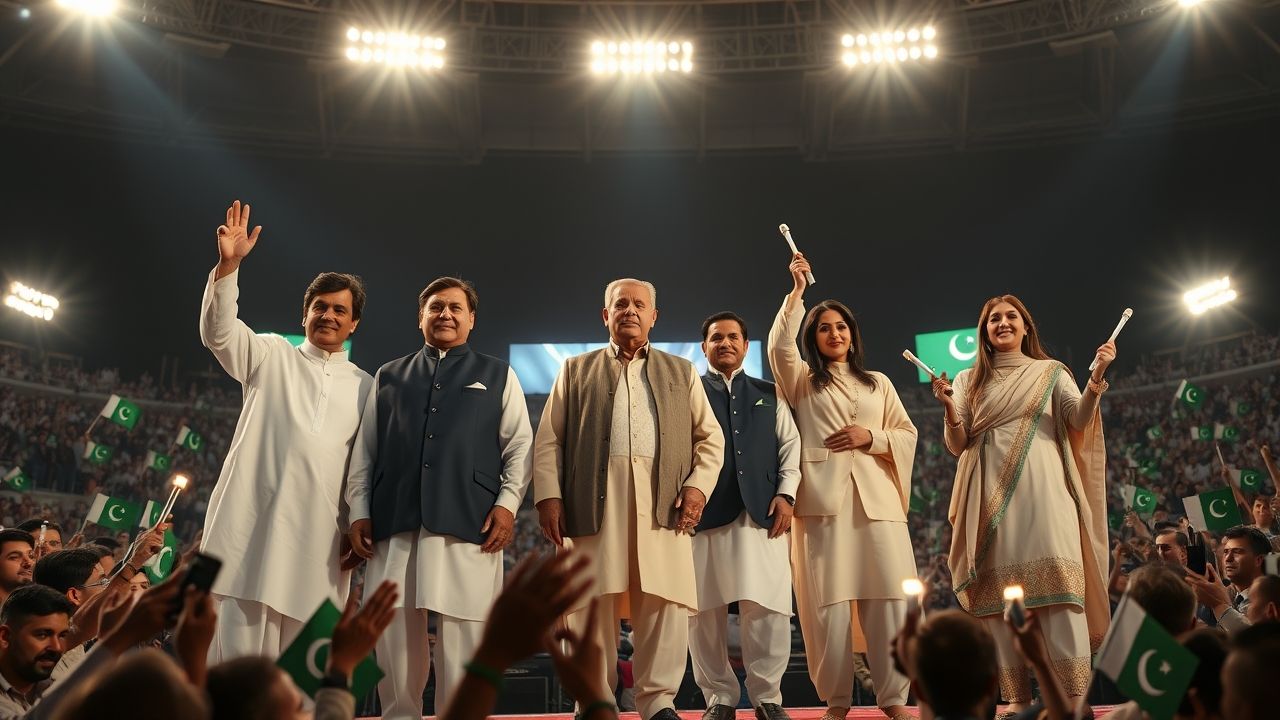 A cinematic ultra-wide shot of a massive stadium stage at night, floodlights shining, thousands of cheering people holding Pakistan flags and glow sticks. On stage, five iconic personalities stand side by side, larger-than-life, like leaders addressing the world. ๐ค Characters & Looks Imran Khan Age: ~70, tall, wheatish skin, lean build Charismatic sharp face, light stubble, deep-set brown eyes Wavy dark-grey hair swept back Outfit: white shalwar kameez with navy waistcoat Expression: confident, raising one hand Shahbaz Sharif Age: ~73, medium height, fuller build Rounder face, lighter wheatish skin, receding hairline Outfit: cream sherwani with green pocket square Expression: serious, leader-like Maryam Nawaz Age: ~50, elegant South Asian woman Oval face, fair skin, expressive brown eyes Long straight black hair partly covered with green dupatta Outfit: green and gold shalwar kameez Expression: passionate, speaking to crowd Shah Rukh Khan (SRK) Age: late 50s, lean build, medium height Oval face, light stubble beard, wavy black hair Outfit: black slim-fit suit with white shirt open collar Expression: charming half-smile, holding mic Amitabh Bachchan Age: 80s, tall (towering presence), slim build Rectangular face, iconic silver beard, glasses Outfit: black sherwani with gold embroidery Expression: dignified, hands in namaste gesture ๐ Background & Stage Setting Massive stadium packed with crowd, people waving Pakistan flags and glowing sticks Floodlights, fireworks, confetti in the air LED screens behind stage showing abstract golden visuals + Pakistani flag waves Stage floor glowing with cinematic reflections ๐จ Camera & Style Ultra-wide cinematic shot, all five figures visible clearly in one frame Each character positioned naturally (no overlap, equal spacing) Lighting: Golden spotlights from above, rim light outlining each figure Ultra-detailed realism โ wrinkles, skin textures, fabric details all visible Style: Epic leaderโs rally ร Bollywood award night โ Negative Prompt No distorted faces, no anime/cartoon, no caricatures No wrong clothing styles โ must stay realistic & region-accurate No empty stage โ must show crowd + lights + flags