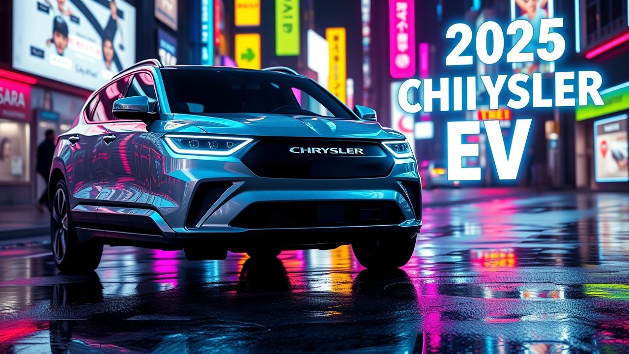 A futuristic cinematic thumbnail showing the brand-new 2025 Chrysler Electric Crossover in a dramatic silver metallic finish, glowing under blue and purple neon lights. The car is positioned front and center, slightly angled to highlight its bold illuminated Chrysler logo on the grille. Camera angle is low, wide, and aggressive, making the SUV look huge and powerful. The LED headlights glow sharply like futuristic eyes. Behind the car, a futuristic city skyline at night with neon billboards adds a sense of innovation. The road is wet, reflecting neon lights for extra shine. Big bold 3D text overlay at the top-right corner reads: โ2025 CHRYSLER EV ๐โกโ in white & electric-blue gradient with glowing edges. The thumbnail uses high contrast, shiny reflections, cinematic lighting, and wide depth of field to make the car pop out of the screen, impossible to scroll past. โก Key CTR Boosters in this thumbnail: Electric glow + neon background = futuristic vibe Close but wide angle = powerful + dramatic Minimal but bold text overlay = instant recognition Chrysler logo glowing = brand authority
