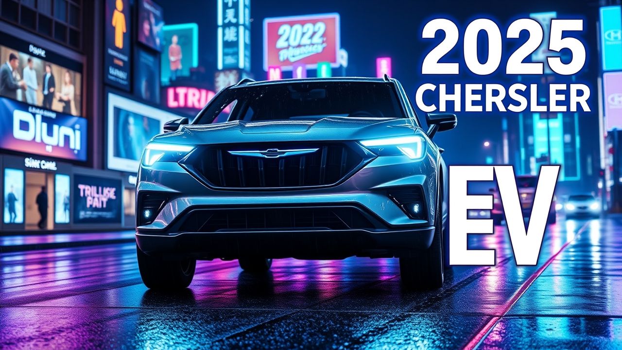 A futuristic cinematic thumbnail showing the brand-new 2025 Chrysler Electric Crossover in a dramatic silver metallic finish, glowing under blue and purple neon lights. The car is positioned front and center, slightly angled to highlight its bold illuminated Chrysler logo on the grille. Camera angle is low, wide, and aggressive, making the SUV look huge and powerful. The LED headlights glow sharply like futuristic eyes. Behind the car, a futuristic city skyline at night with neon billboards adds a sense of innovation. The road is wet, reflecting neon lights for extra shine. Big bold 3D text overlay at the top-right corner reads: โ2025 CHRYSLER EV ๐โกโ in white & electric-blue gradient with glowing edges. The thumbnail uses high contrast, shiny reflections, cinematic lighting, and wide depth of field to make the car pop out of the screen, impossible to scroll past. โก Key CTR Boosters in this thumbnail: Electric glow + neon background = futuristic vibe Close but wide angle = powerful + dramatic Minimal but bold text overlay = instant recognition Chrysler logo glowing = brand authority