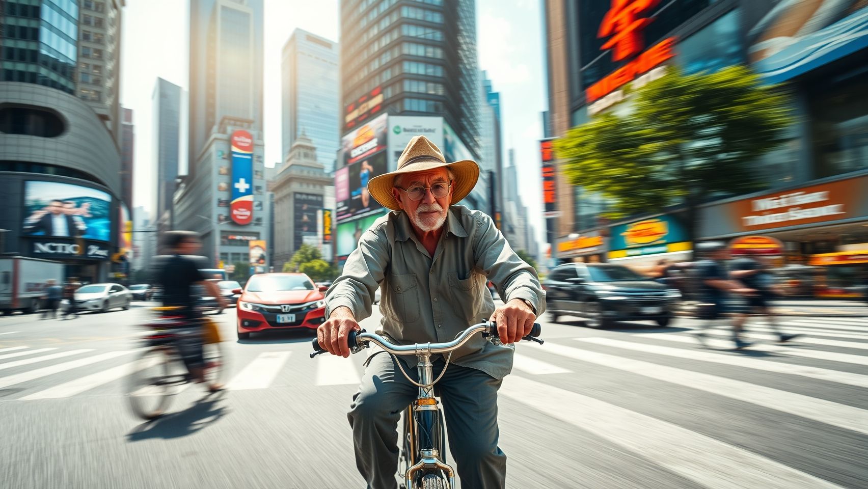 An elderly man riding a vintage bicycle along a bustling, fast-paced city road. The scene captures motion blur to emphasize speed, with towering skyscrapers, passing cars, and people walking briskly. The man wears a weathered hat, glasses, and simple clothes, contrasting with the vibrant, dynamic urban environment. Bright sunlight casts sharp shadows, highlighting the contrast between stillness and movement.