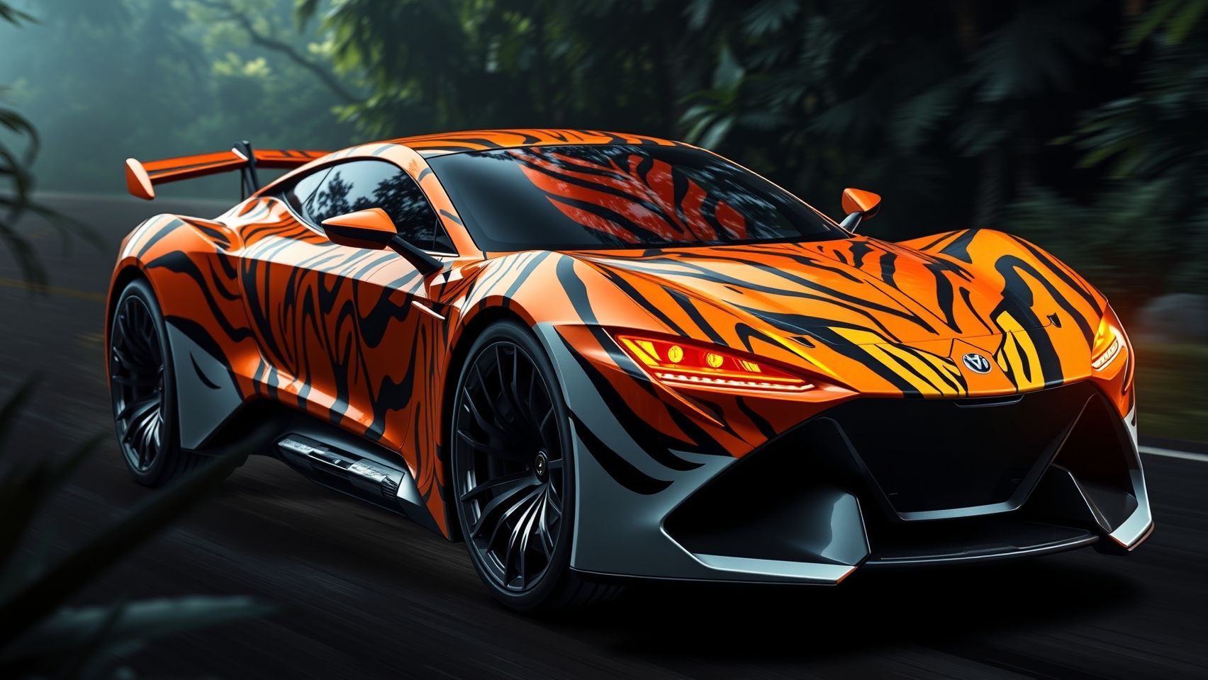 A stunning hybrid vehicle with the essence of a tiger. The car's sleek, aerodynamic body features bold tiger stripes in vivid orange, black, and white that flow along its curves. The front of the car resembles a tiger's face — the headlights act as piercing, amber feline eyes with slit pupils that seem to glow, conveying intensity and intelligence. The grille mimics a snarling tiger’s mouth with sharp, metallic teeth. The side mirrors are shaped like feline ears, sleek and alert. The wheels are stylized claws, with jagged edges that evoke power and ferocity. Overall, the design radiates agility and strength, captured in a dynamic pose against a jungle or futuristic cityscape, emphasizing speed, wilderness, and technology merging.