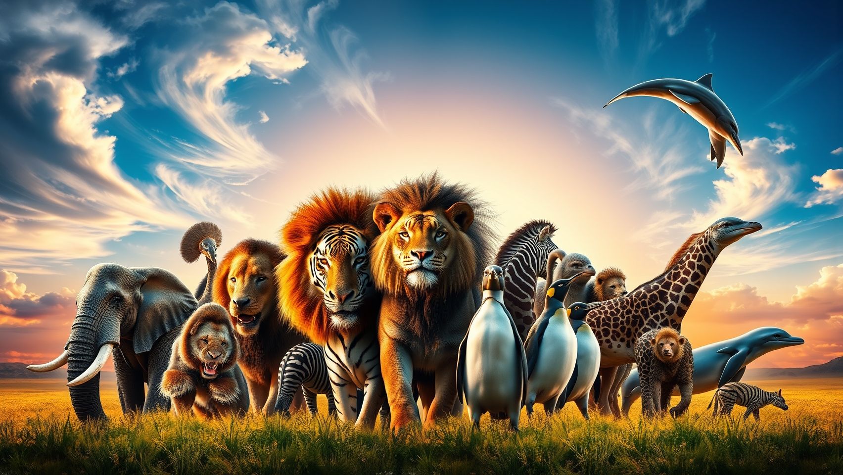 A striking, cinematic banner for an animal show featuring all major animals sitting prominently in the center. The animals—elephant, lion, tiger, zebra, giraffe, penguin, eagle, and dolphin—are arranged in a majestic semi-circle, exuding power and grace. They are rendered in realistic detail with dramatic lighting that highlights their textures and expressions, creating a sense of grandeur. The background is a vibrant, sunlit wilderness with dynamic clouds and a radiant sky, adding to the epic feel. The scene emphasizes unity and diversity in wildlife, with the animals seemingly emerging from shadow into bold, luminous focus, conveying strength, beauty, and awe.