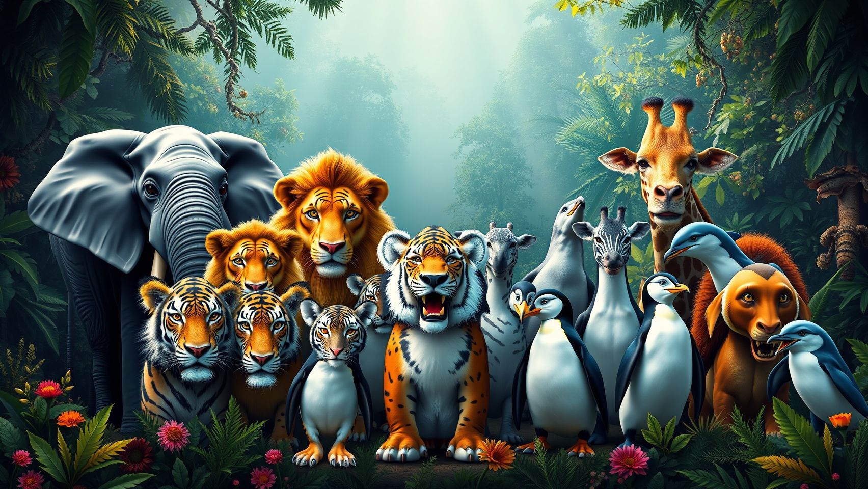 A cinematic, bold banner for an animal show featuring all major animals with a unified artistic style. Each animal—elephant, lion, tiger, zebra, giraffe, penguin, eagle, and dolphin—has a similar face design, sharing features like expressive eyes, bold outlines, and a slightly stylized, almost cartoonish yet majestic appearance. They sit in a semi-circle at the center, all facing forward, with their faces showing a confident, proud expression. The background is a vibrant wilderness scene with dynamic lighting, emphasizing their collective strength and diversity, while their faces maintain a consistent look—each recognizable but harmonized in style.