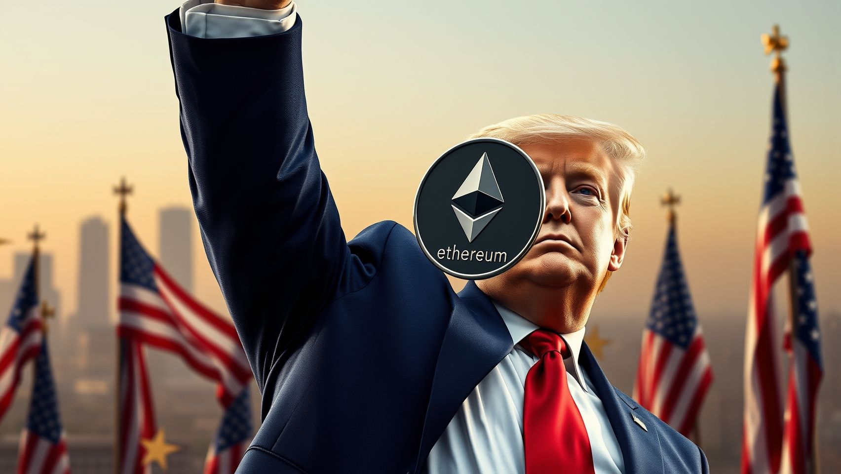 **"A hyper-realistic image of Donald Trump standing erect with his right arm raised high in a victorious pose. His hand grips a shiny Ethereum coin firmly, with all five fingers visible, anatomically correct, and naturally curved around the coin's edge. The fingers show realistic knuckles, nails, and skin textures. Trump is dressed in a tailored dark suit, white shirt, and red tie, with a confident and assertive expression. The background features a subtle cityscape or patriotic motifs, lit with bright, focused lighting that highlights his facial features and the metallic gleam of the coin. The scene exudes power and achievement."** ### Negative Prompt: **"Missing fingers, unnatural hand positioning, fingers going inside the coin unreasonably, fewer than five fingers, distorted anatomy, awkward hand shapes, stylized or cartoonish hands, blurriness, poorly rendered details, extra or missing fingers, unrealistic lighting on hand."**