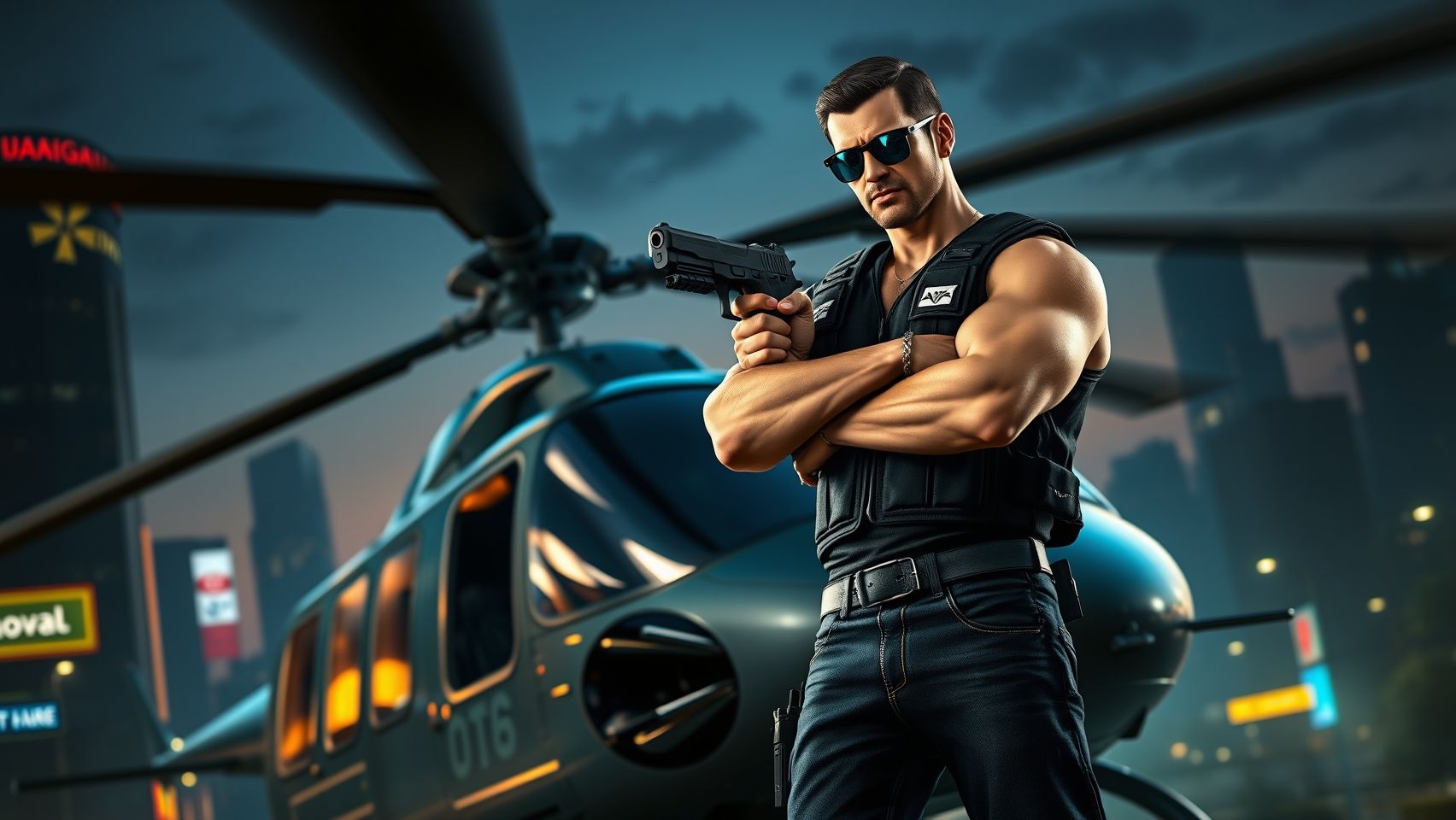 A cinematic scene from GTA 5-style artwork featuring a rugged male character standing confidently near a helicopter. The character is holding a detailed handgun in his right hand, aimed slightly downward but ready. He's dressed in tactical gear—black tactical vest, jeans, and sunglasses—looking intense and alert. The helicopter behind him is sleek, military-style, with realistic metallic textures and rotor blades spinning gently. The background showcases a gritty urban environment at dusk, with neon signs, streetlights, and distant city skyscrapers. Dramatic lighting emphasizes the character’s stance, the weapon, and the helicopter, creating a tense, action-packed atmosphere.