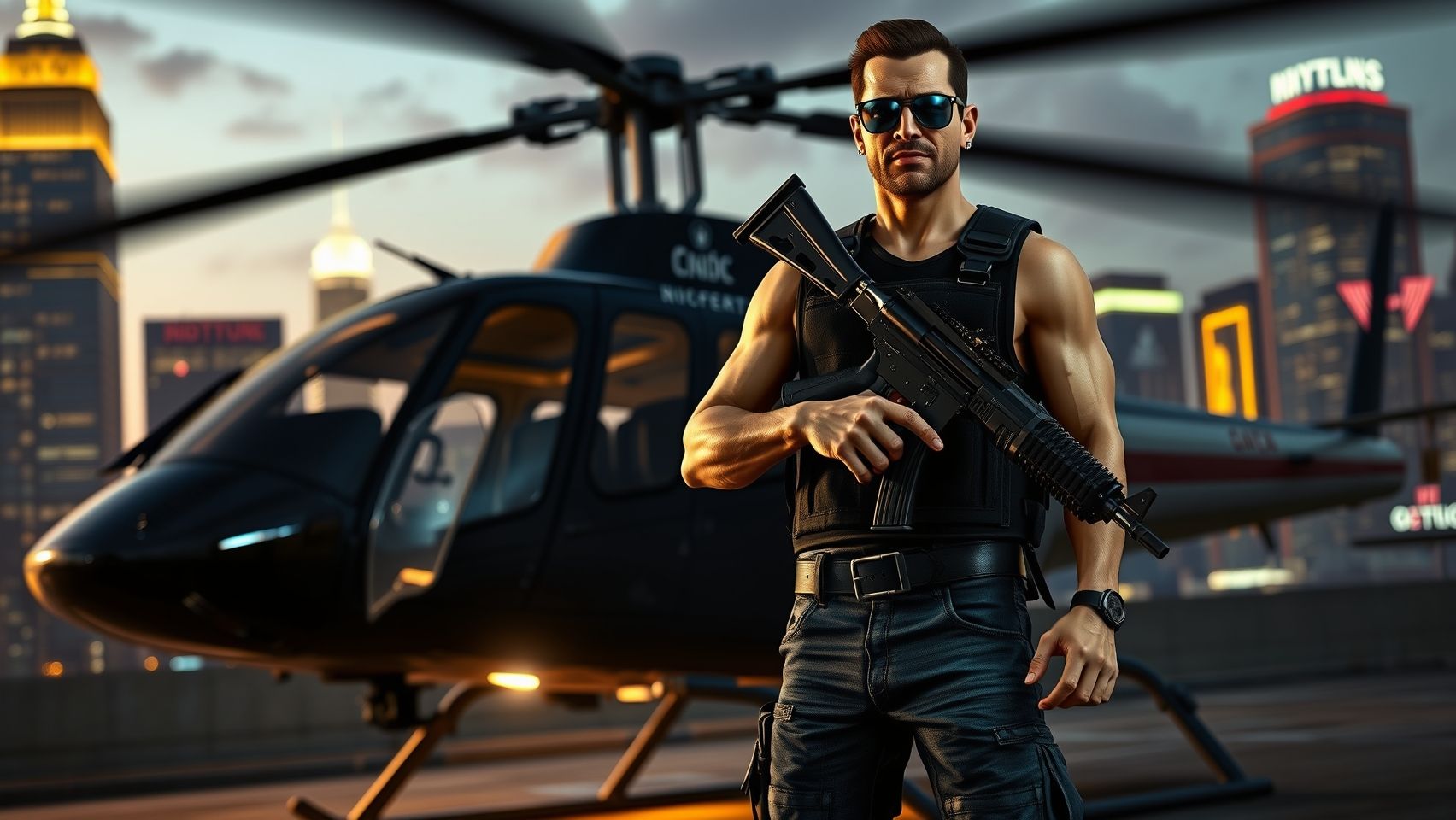 A cinematic GTA 5-inspired scene featuring a confident male character standing near a helicopter. He carries a detailed AK-47 slung over his shoulder, resting comfortably but ready for action. The character exudes confidence—chest forward, chin slightly raised, with a determined expression. He's dressed in tactical gear: a black vest, tactical jeans, and sunglasses. The helicopter behind him is sleek and realistic, with rotor blades spinning. The background is an urban environment at dusk, illuminated by neon lights and city skyscrapers. Dramatic lighting highlights his stance, the weapon, and the helicopter, creating an intense, action-ready mood.