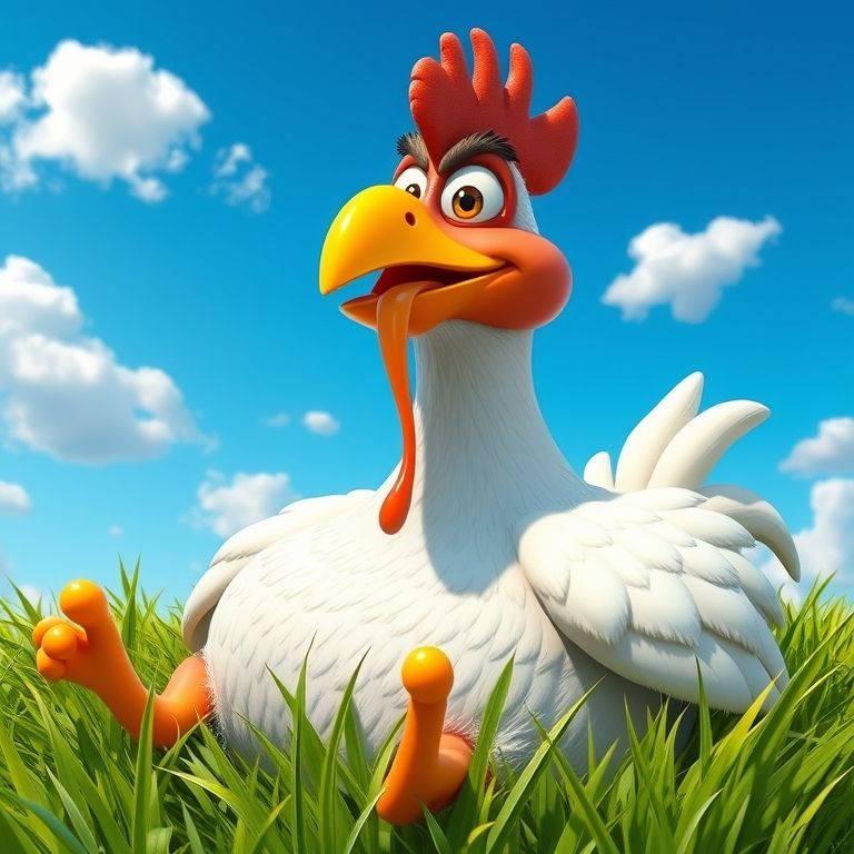"A 3D-rendered cartoon chicken, oversized and plump, sitting on green grass under a bright blue sky with fluffy clouds. The chicken has white textured feathers, a big orange-yellow beak, wide expressive eyes, and a comical look. A long stream of drool is hanging from its mouth, shining in the sunlight. The scene is vibrant, funny, and highly detailed, with a realistic yet animated style."
