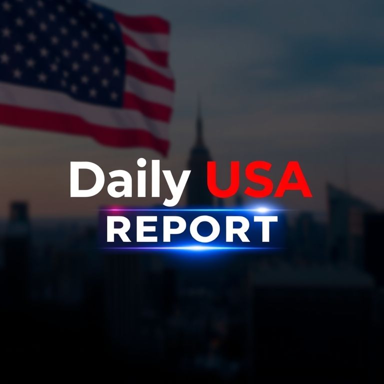 A modern and professional YouTube news channel banner for "Daily USA Report", 16:9 aspect ratio, 2560x1440px, background with faded American flag and subtle city skyline (Washington D.C. or New York), bold headline text "Daily USA Report" in the center-left, with red and blue glowing accents, a breaking news ticker bar at the bottom, clean bold sans-serif font, high contrast, sharp and eye-catching design, realistic ital graphic, ultra HD.