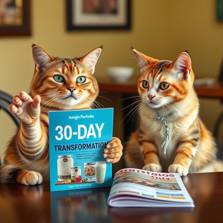 The two cats are now sitting at a table with the "30-DAY TRANSFORMATION" brochure. The male cat gestures towards the brochure with a hopeful expression, while the female cat looks at it thoughtfully.