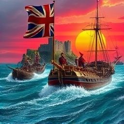 A heroic portrayal of UK history, featuring an imposing castle perched on a rugged shore, the Union Jack flag fluttering majestically, battle-hardened soldiers in red and gold attire on a warship with raised cannons, sailing through a turbulent sea toward a distant conflict, other ships engaged in combat, with vibrant turquoise waters and a striking red-hued sky."