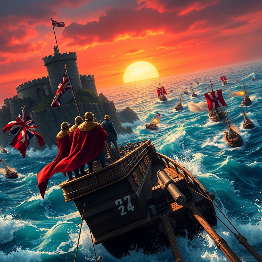 A heroic portrayal of UK history, featuring an imposing castle perched on a rugged shore, the Union Jack flag fluttering majestically, battle-hardened soldiers in red and gold attire on a warship with raised cannons, sailing through a turbulent sea toward a distant conflict, other ships engaged in combat, with vibrant turquoise waters and a striking red-hued sky."