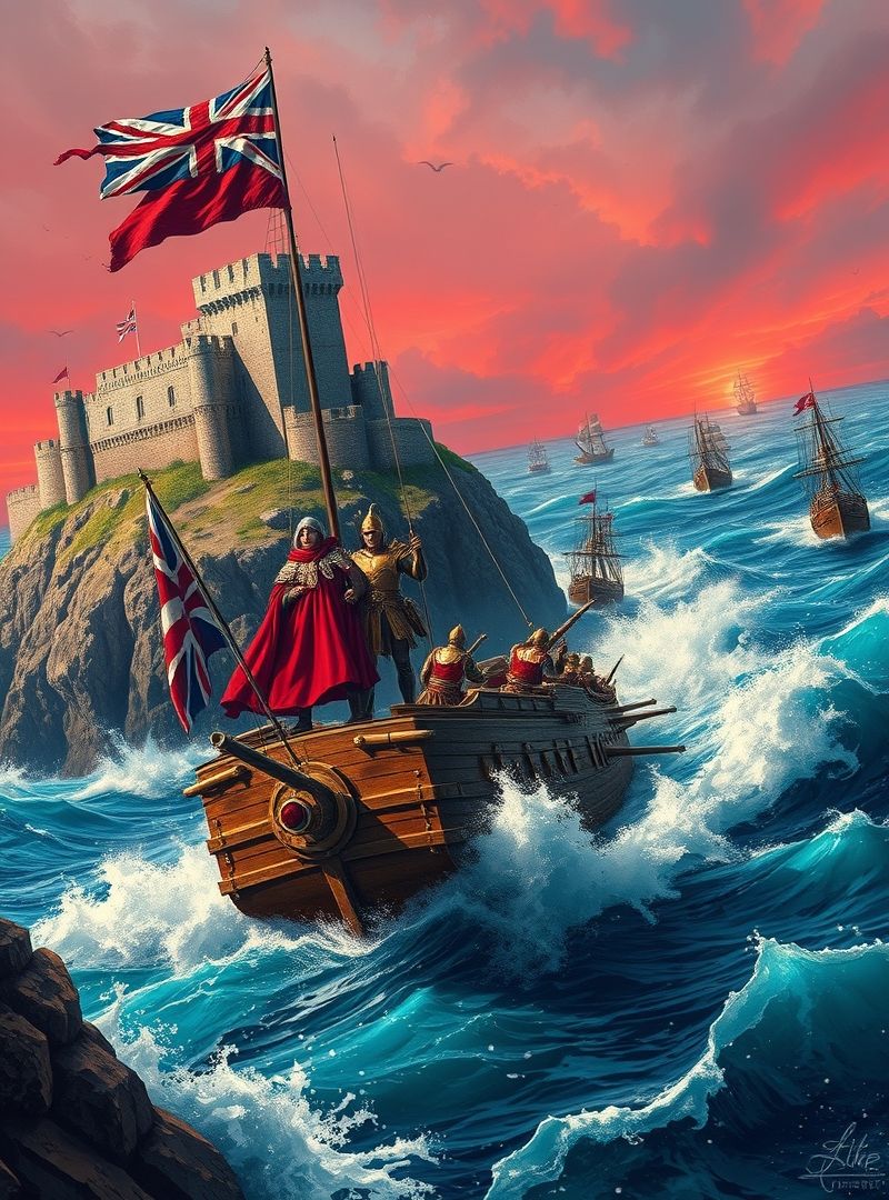 A heroic portrayal of UK history, featuring an imposing castle perched on a rugged shore, the Union Jack flag fluttering majestically, battle-hardened soldiers in red and gold attire on a warship with raised cannons, sailing through a turbulent sea toward a distant conflict, other ships engaged in combat, with vibrant turquoise waters and a striking red-hued sky."