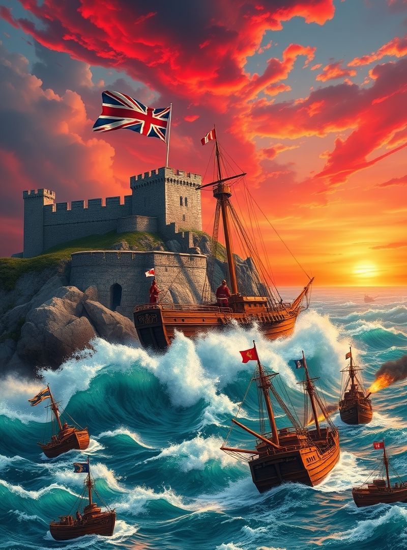 A heroic portrayal of UK history, featuring an imposing castle perched on a rugged shore, the Union Jack flag fluttering majestically, battle-hardened soldiers in red and gold attire on a warship with raised cannons, sailing through a turbulent sea toward a distant conflict, other ships engaged in combat, with vibrant turquoise waters and a striking red-hued sky."