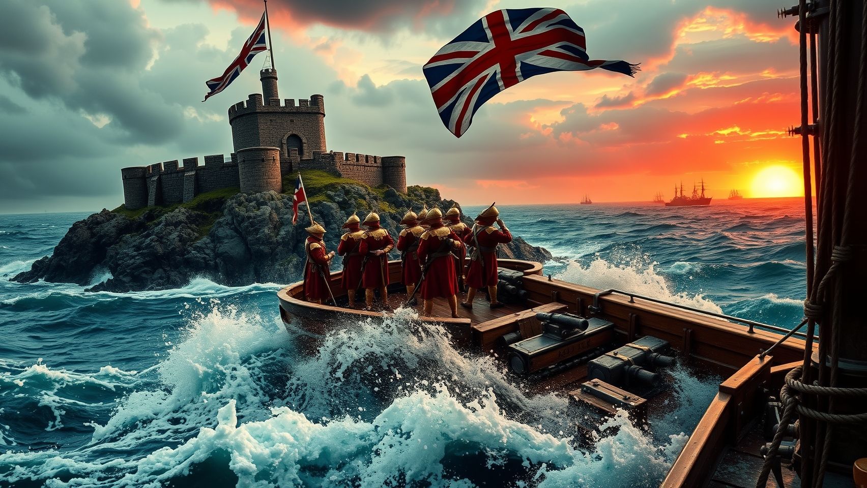 A heroic portrayal of UK history, featuring an imposing castle perched on a rugged shore, the Union Jack flag fluttering majestically, battle-hardened soldiers in red and gold attire on a warship with raised cannons, sailing through a turbulent sea toward a distant conflict, other ships engaged in combat, with vibrant turquoise waters and a striking red-hued sky." Image ratio 16.9