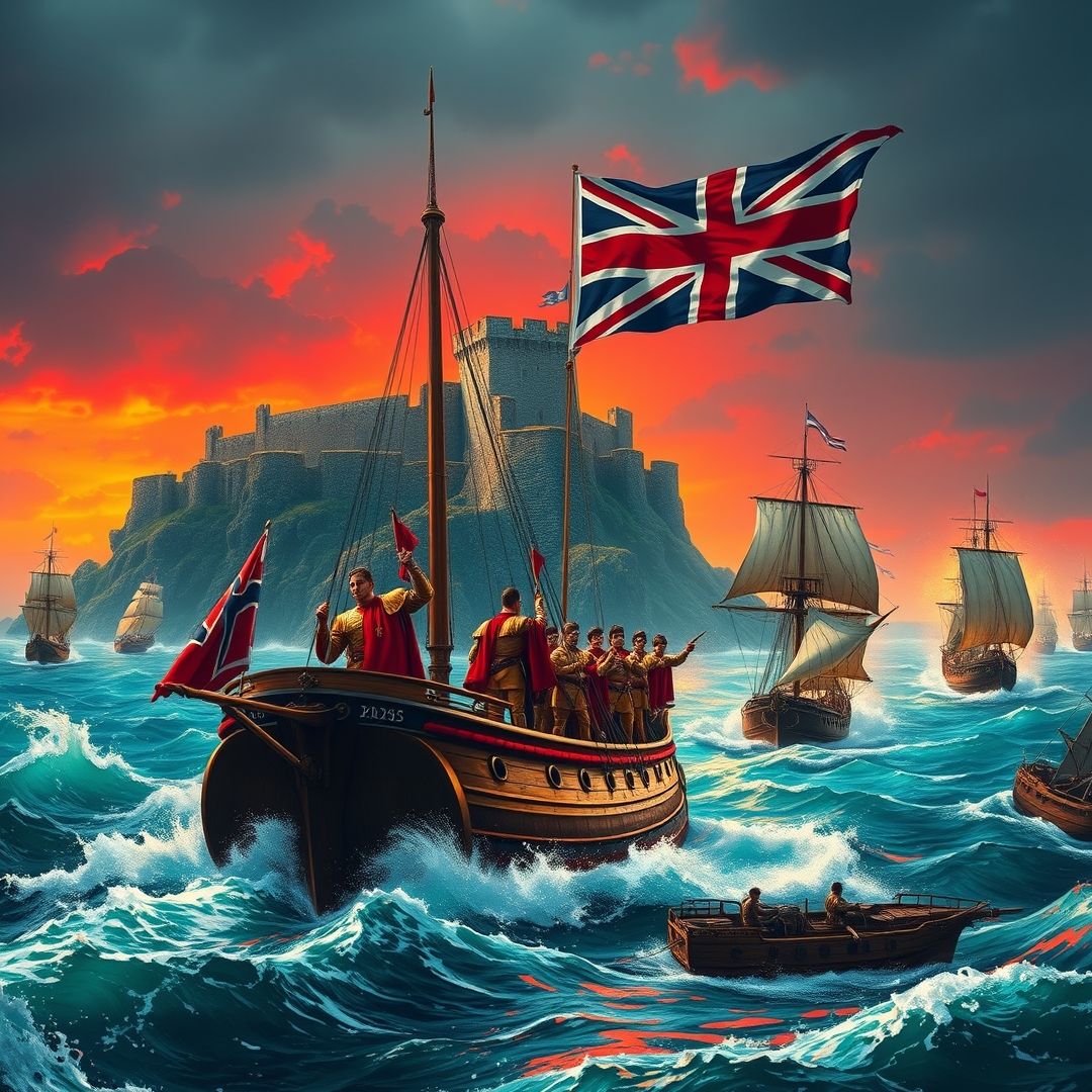 A heroic portrayal of UK history, featuring an imposing castle perched on a rugged shore, the Union Jack flag fluttering majestically, battle-hardened soldiers in red and gold attire on a warship with raised cannons, sailing through a turbulent sea toward a distant conflict, other ships engaged in combat, with vibrant turquoise waters and a striking red-hued sky." Image realistic type image ratio 16.9 thumbnail style