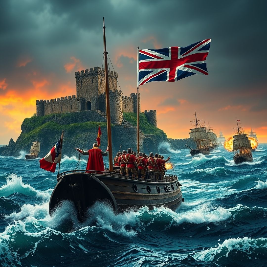 A heroic portrayal of UK history, featuring an imposing castle perched on a rugged shore, the Union Jack flag fluttering majestically, battle-hardened soldiers in red and gold attire on a warship with raised cannons, sailing through a turbulent sea toward a distant conflict, other ships engaged in combat, with vibrant turquoise waters and a striking red-hued sky." Image Ratio 16.9