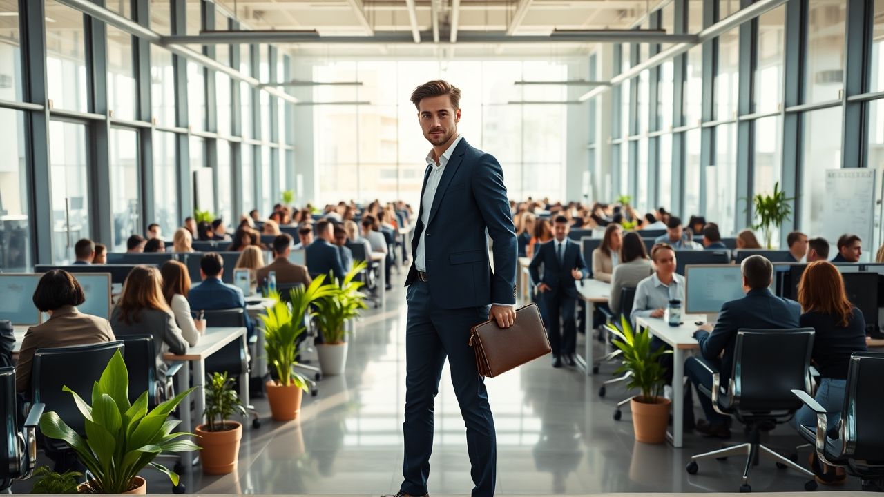 A young professional in crisp formal attire (navy blue suit, white shirt, polished shoes) stands frozen in the doorway of a modern, open-plan office. Shot from a slightly elevated angle behind their shoulder, capturing both the newcomer's slightly tense posture and the sea of curious faces before them. Throughout the bright, sunlit office space with glass partitions and sleek workstations, at least fifteen diverse colleagues have all paused mid-task – some leaning over cubicle walls, others swiveling in chairs, a few frozen mid-conversation by the coffee machine. Their expressions range from openly curious to subtly judgmental, with raised eyebrows and whispered comments behind hands. The lighting is clean and corporate with morning sunlight streaming through large windows, creating a slightly dramatic atmosphere as all attention converges on the newcomer. Computer screens glow in the background alongside office plants, whiteboards, and modern office furniture, establishing a contemporary corporate environment. The newcomer clutches a leather portfolio, standing at the threshold between the elevator bank and the workspace, experiencing that unmistakable first-day spotlight moment.