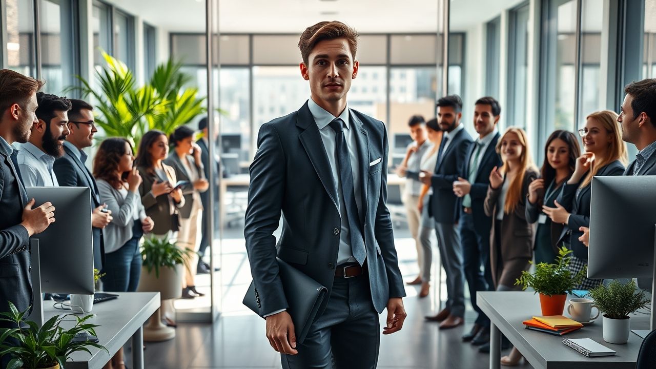 Photorealistic scene: a young professional in neat dark formal suit and tie enters a modern open-plan office through glass doors; he carries a slim laptop bag and looks slightly nervous but composed. Around him dozens of coworkers — men and women of diverse ages and ethnicities, wearing business casual and formal attire — pause mid-conversation and turn to stare with curious, surprised, and friendly expressions, some whispering or pointing subtly. Bright natural light from large windows, potted plants, desks with monitors, coffee mugs, sticky notes, and a meeting room in the background. Depth of field: subject sharp, background slightly softened. Mood: tense but not hostile, neutral color palette with a warm accent (teal or orange). Camera angle: eye-level, slight wide-angle to show crowd and office layout. High-resolution, cinematic lighting, realistic skin tones, soft shadows. Include subtle signage (company logo blurred) and name badge on subject.