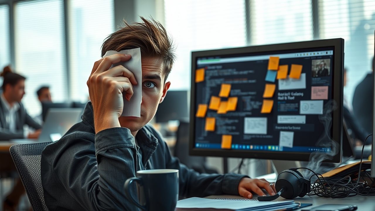 A frustrated young man at an office desk, half his face hidden behind an LCD monitor—only one eye and part of his mouth visible—his free hand pressed to his head in a stressed gesture. The monitor’s visible half is covered with sticky notes and a translucent sheet; the exposed screen shows cluttered windows and error messages. Office environment with soft daylight through blinds, blurred coworkers in the background, a coffee cup, messy notepad, and a tangled headset. Muted cool blues and grays with warm orange accents (sticky notes). Cinematic shallow depth of field, natural soft lighting, photorealistic, 3:4 portrait composition, high detail.